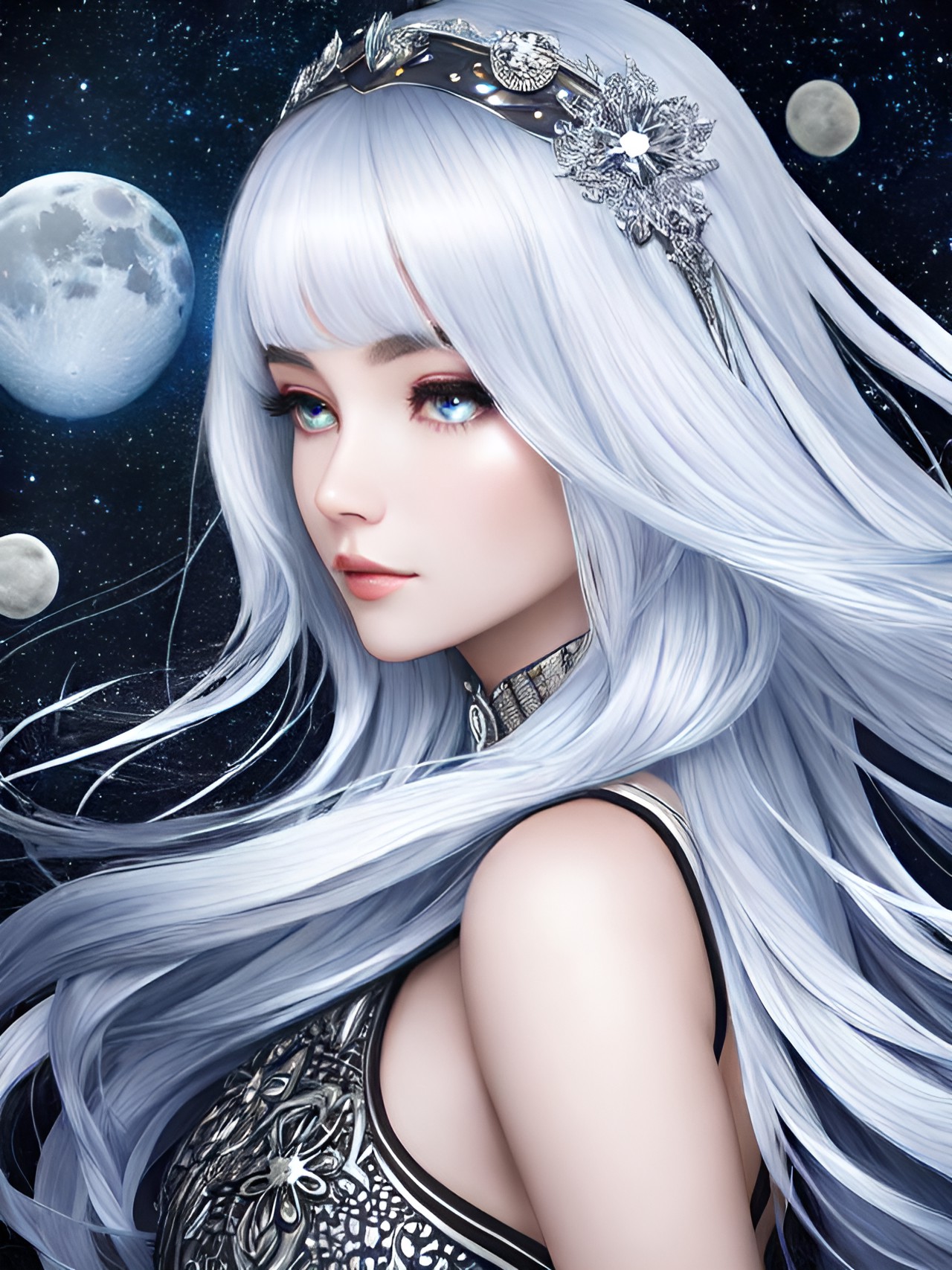 moon goddess. silver hair. preview