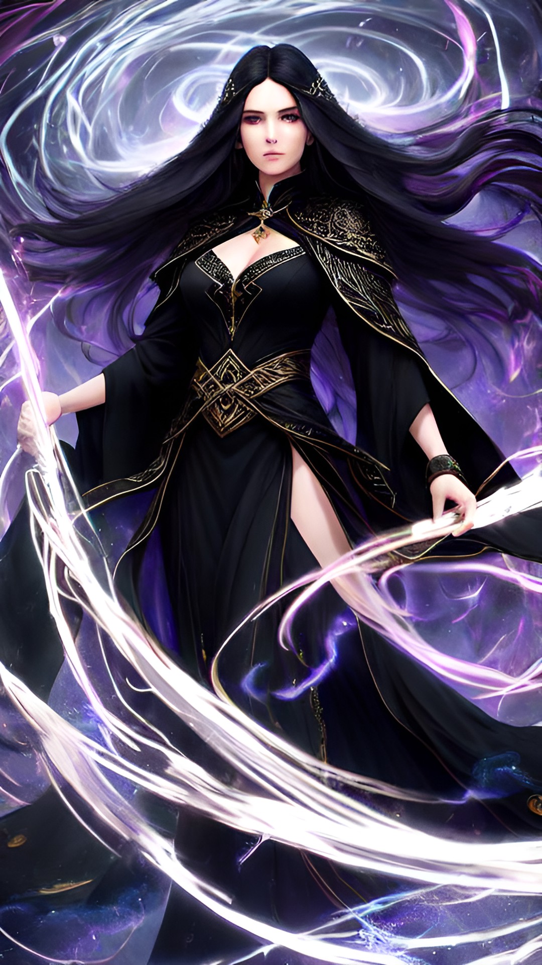 Velda - a powerful sorceress with long flowing dark hair, adorned in intricate black robes, standing amidst a swirling storm of magic. preview