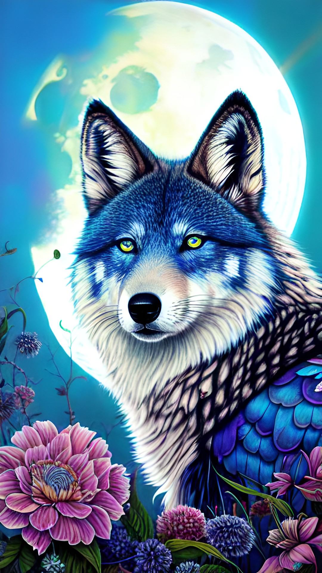 woolly wolf blue eyes shaggy fur moon background preview