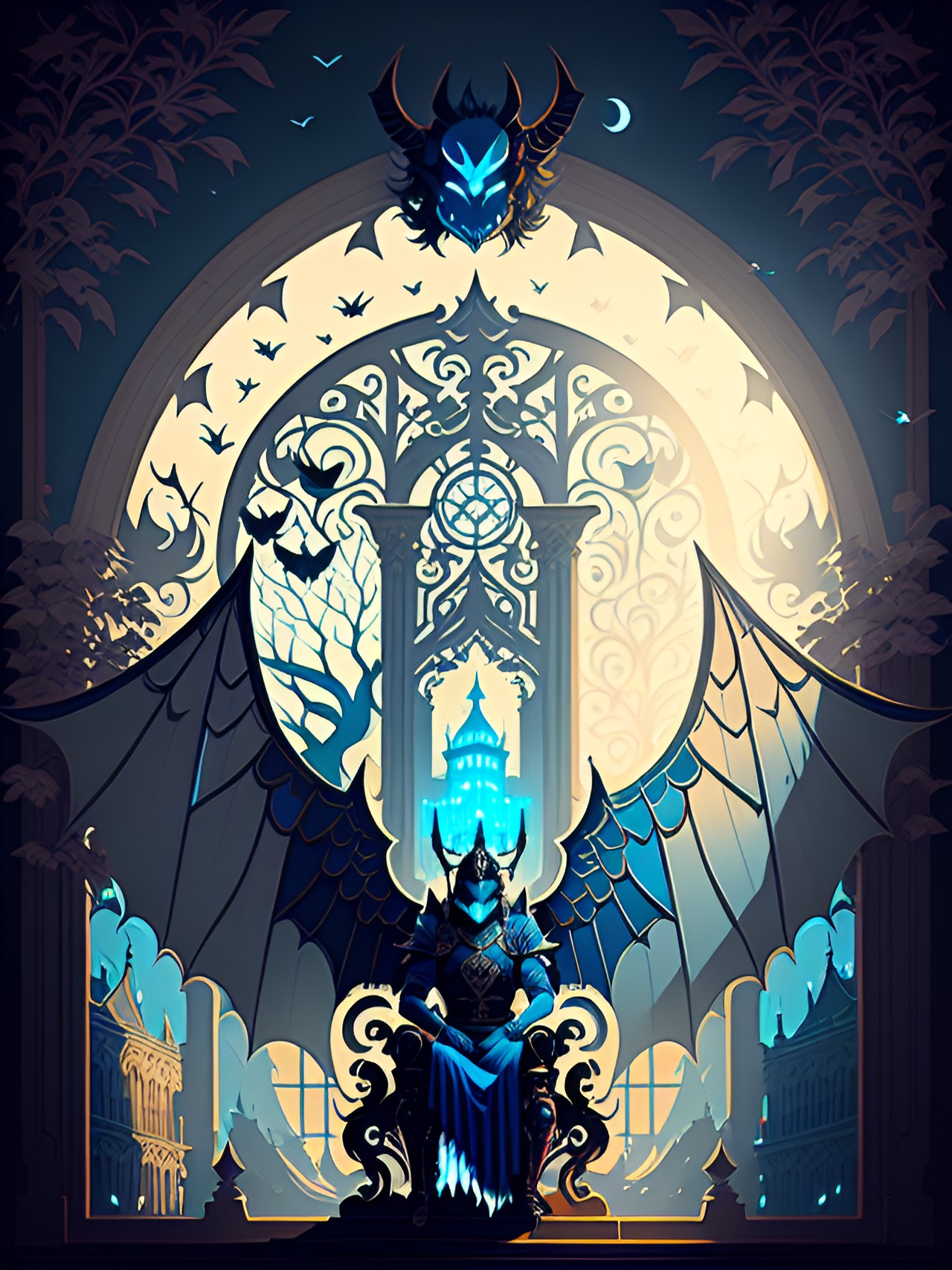 romantic frame dark illustration of a demon warrior with bat wings sitting on a throne in front of a palace window, guards to both sides blue color scheme preview