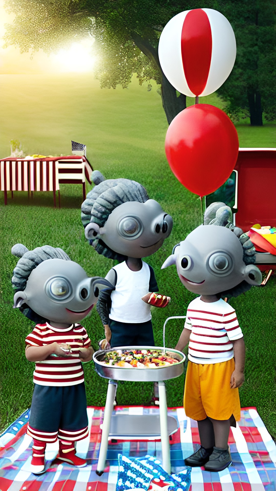 small gray aliens having a cookout with their american neighbors whimsical preview