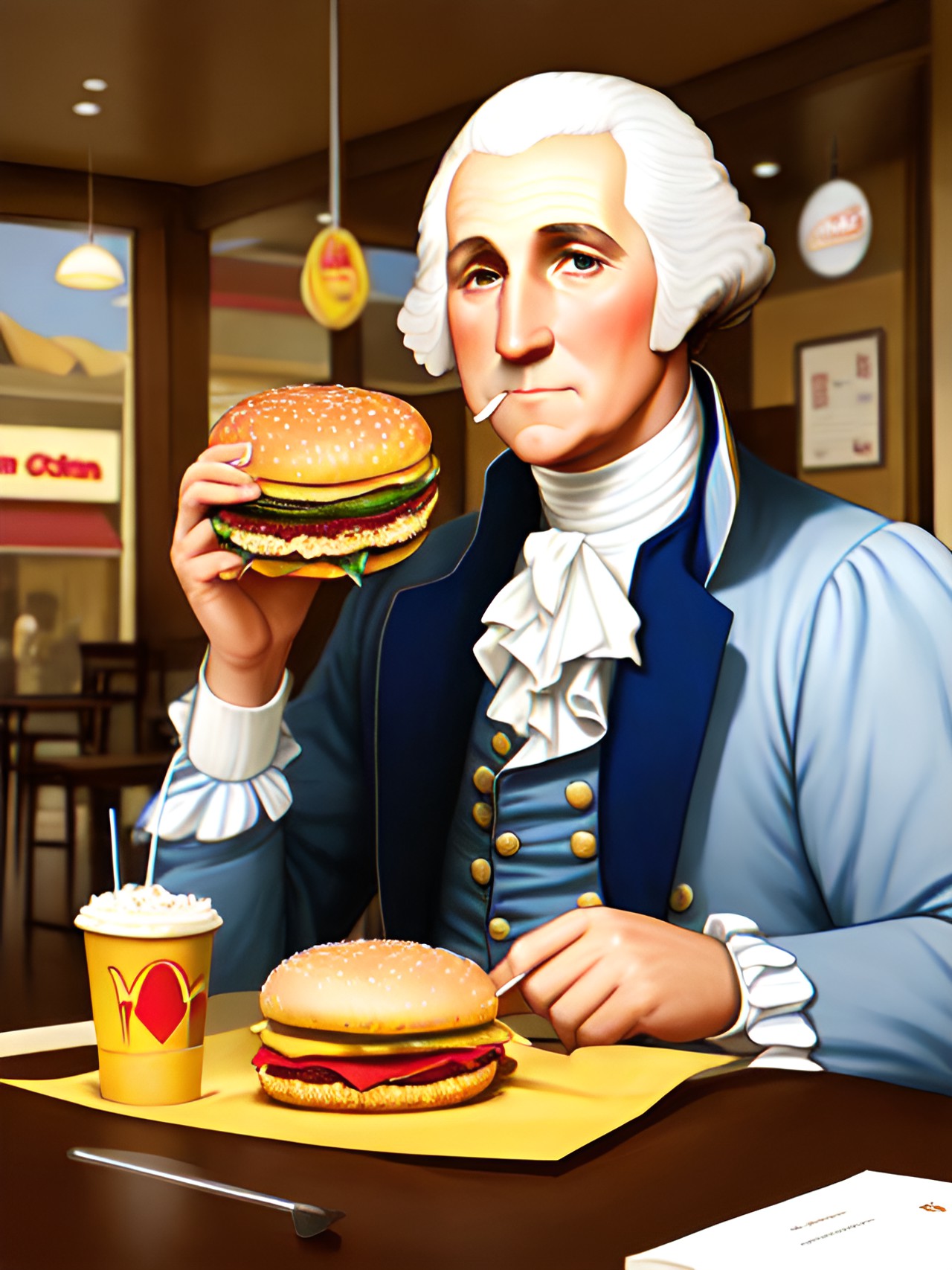 george washington eating a cheeseburger and milkshake at mcdonald’s preview