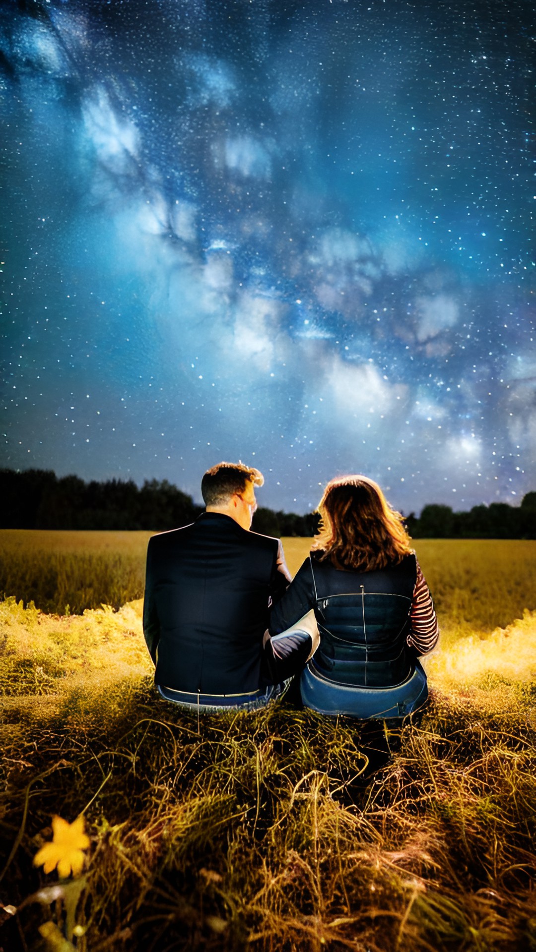 a husband and wife stargazing in a field at night, focus on the sky. starry sky preview