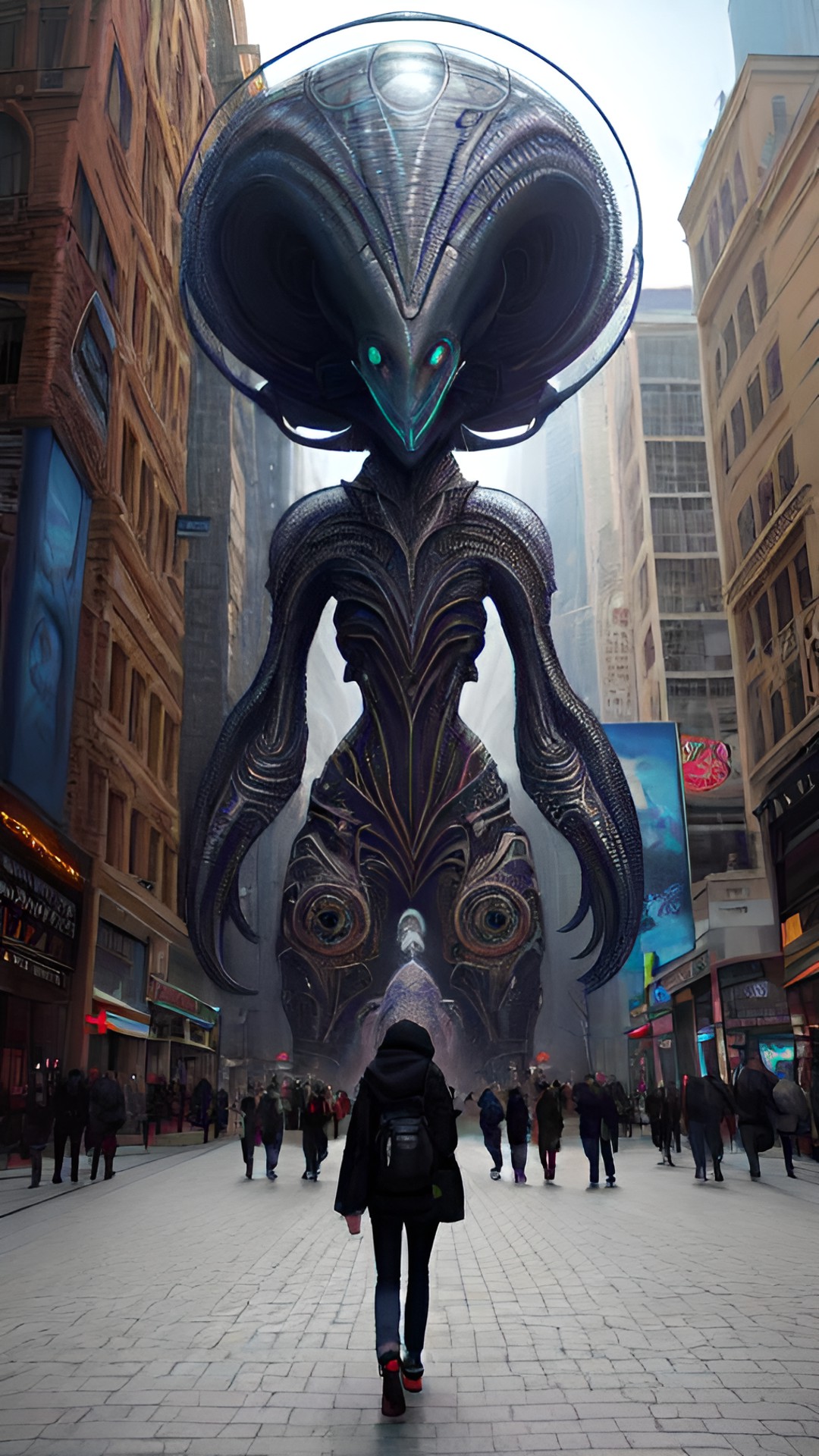 draw me an alien from outer space walking in middle of the city. show me their face 8k high definition intricate details 3d preview