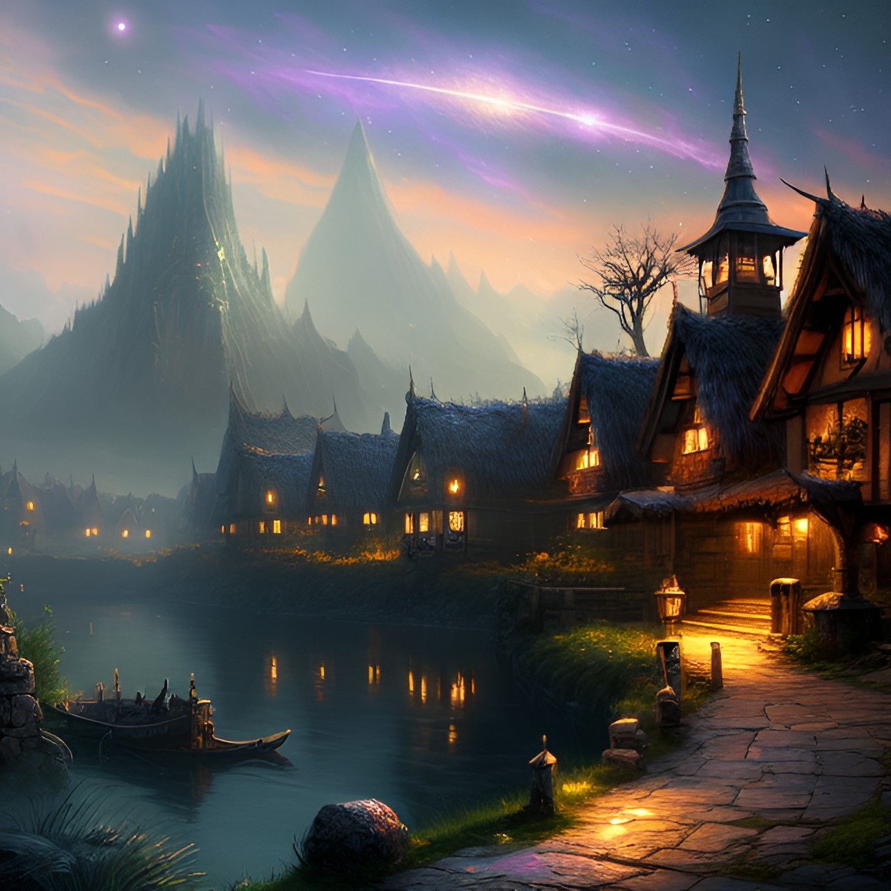 wlop, tes3, fantasy art, breathtaking elder village, elder houses at  the magic river, chaotic energy, stunning night art, milky way preview