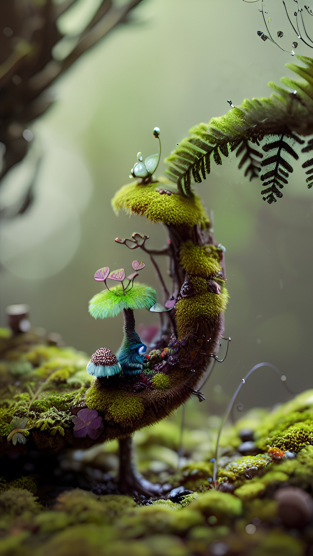 tiny creature, macro world, hdr, cute creature, ferns, moss, ultra detailed, samorost, intricate, magic, pattern, delicate, ruins, filigree, tiny mushroom preview