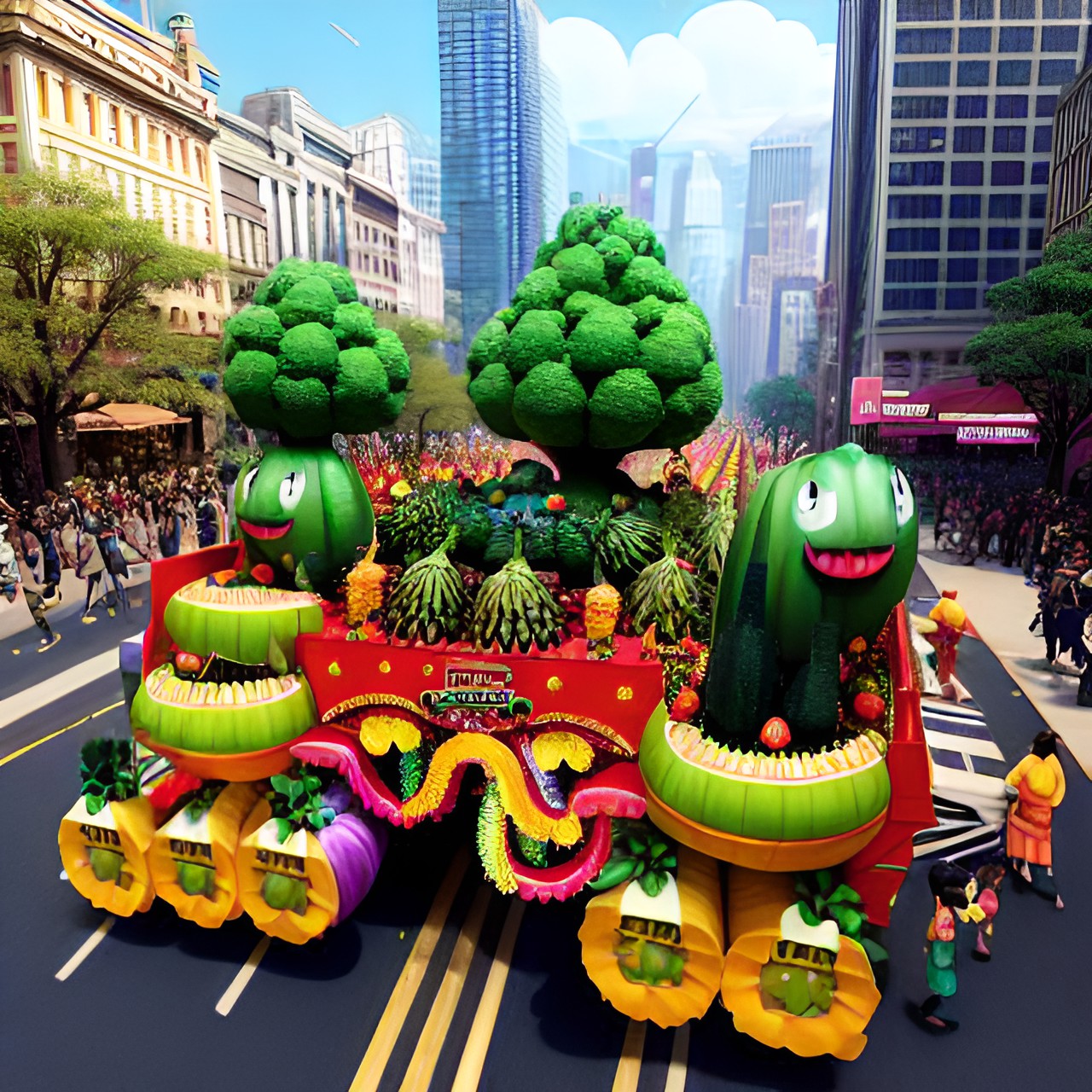 giant fruit and vegetable parade, with various different fruits and vegetables marching down a city street, colorful, detailed, stylized, absurd, fun, vivid, delicious, overhead view, centralized, wide angled preview