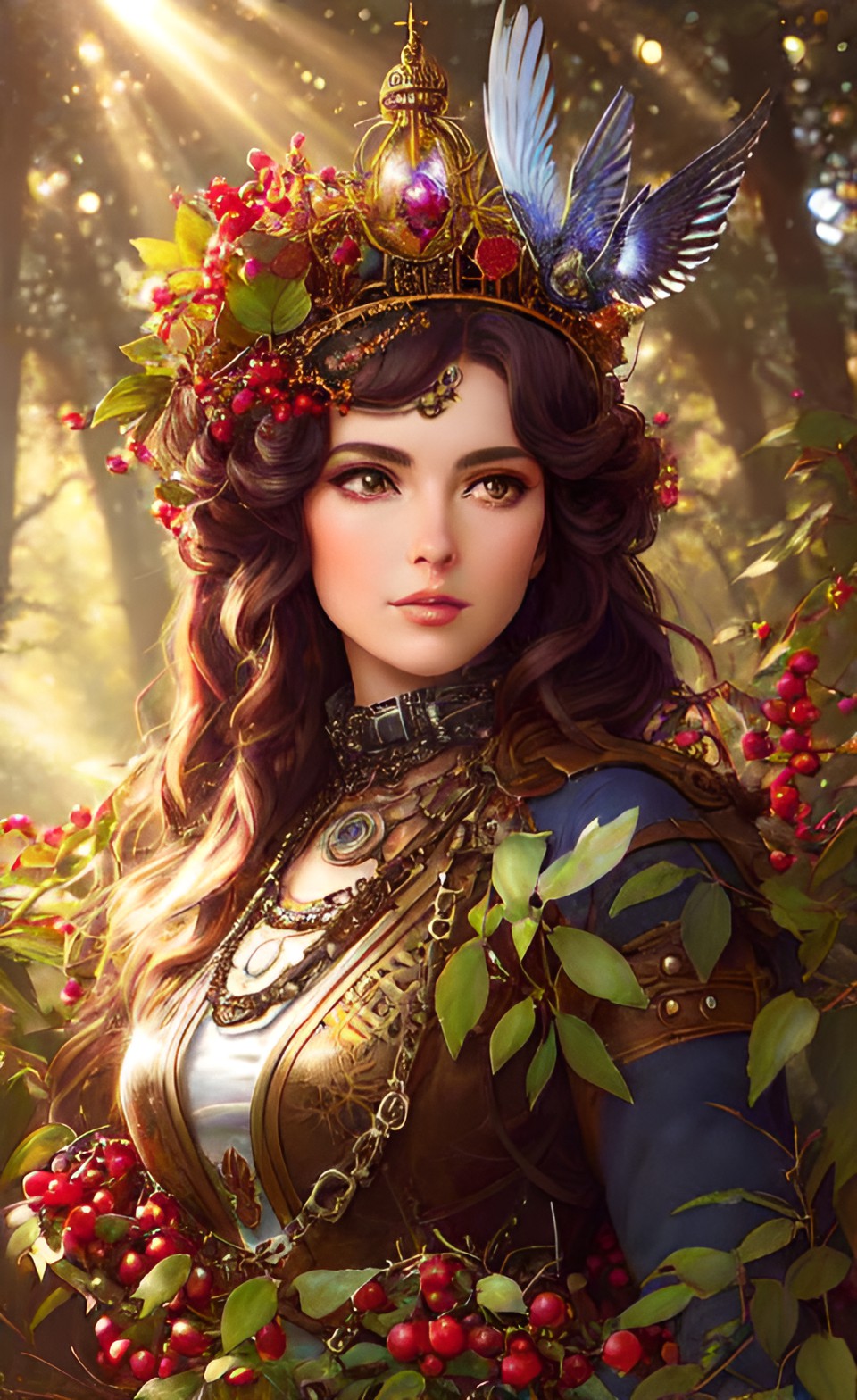 falcon queen wearing a crown of berries in the forest, sun rays, magic hour, warm light, magical preview