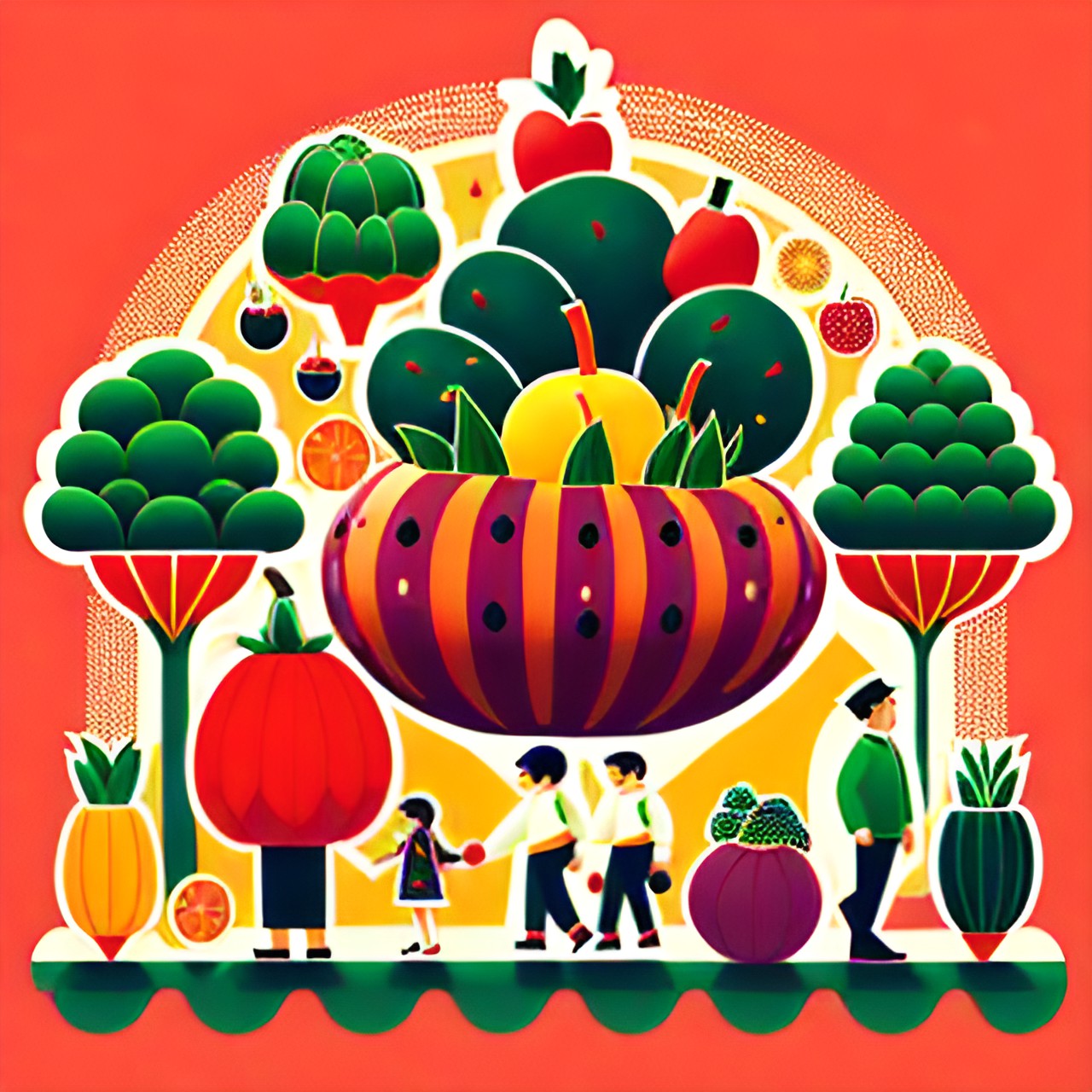 giant fruit and vegetable parade, with various different fruits and vegetables marching down a city street, colorful, detailed, stylized, absurd, fun, vivid, delicious, overhead view, centralized, wide angled preview