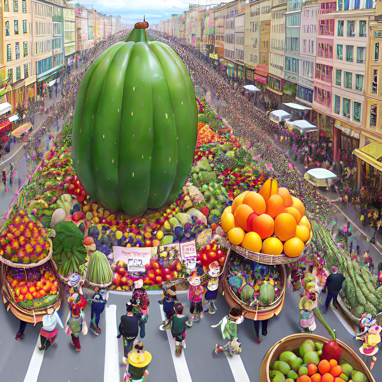 giant fruit and vegetable parade, with various different fruits and vegetables marching down a city street, colorful, detailed, stylized, absurd, fun, vivid, delicious, overhead view, centralized, wide angled preview