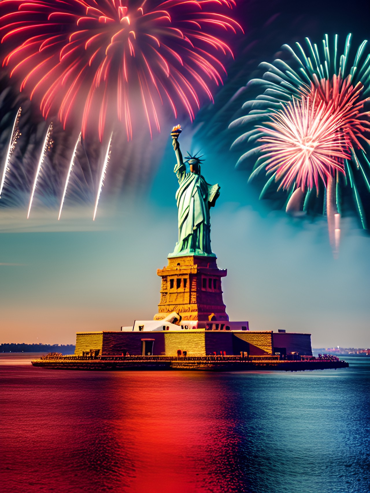 show the statue of liberty, fireworks in the background, red, white and blue preview