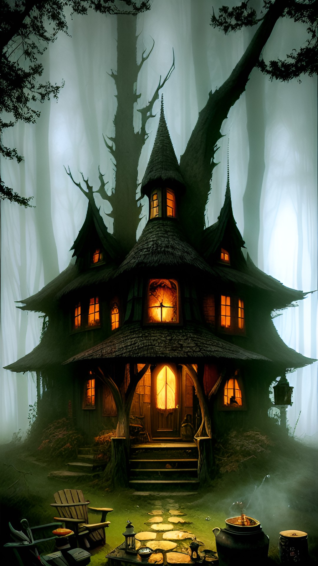 witch, cottage, mist,  forest, spell books, cauldron, campfire, sigils, magical preview