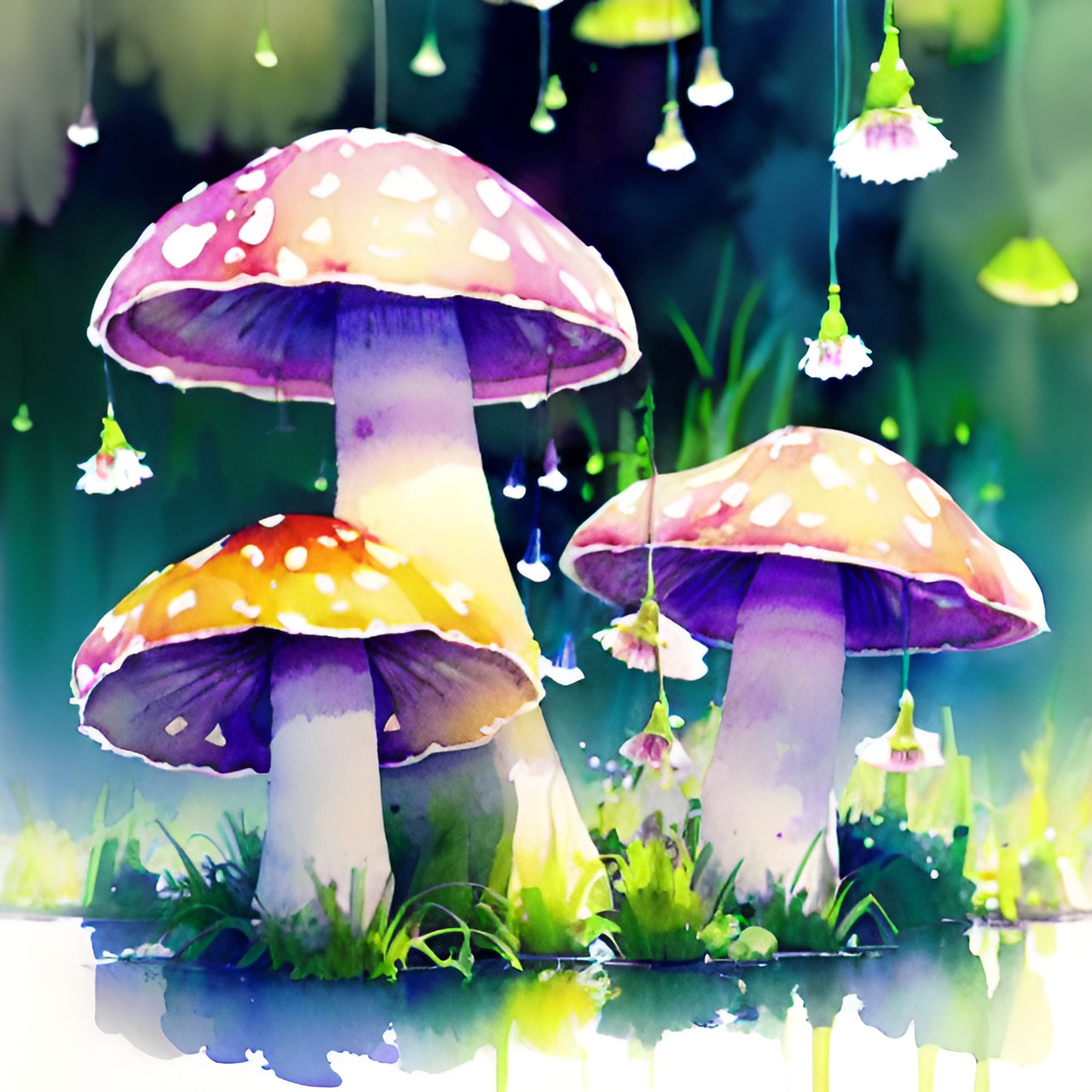 tall (glowing) mushrooms with hanging moss in a field of (neon) flowers and vines covered in dewdrops preview