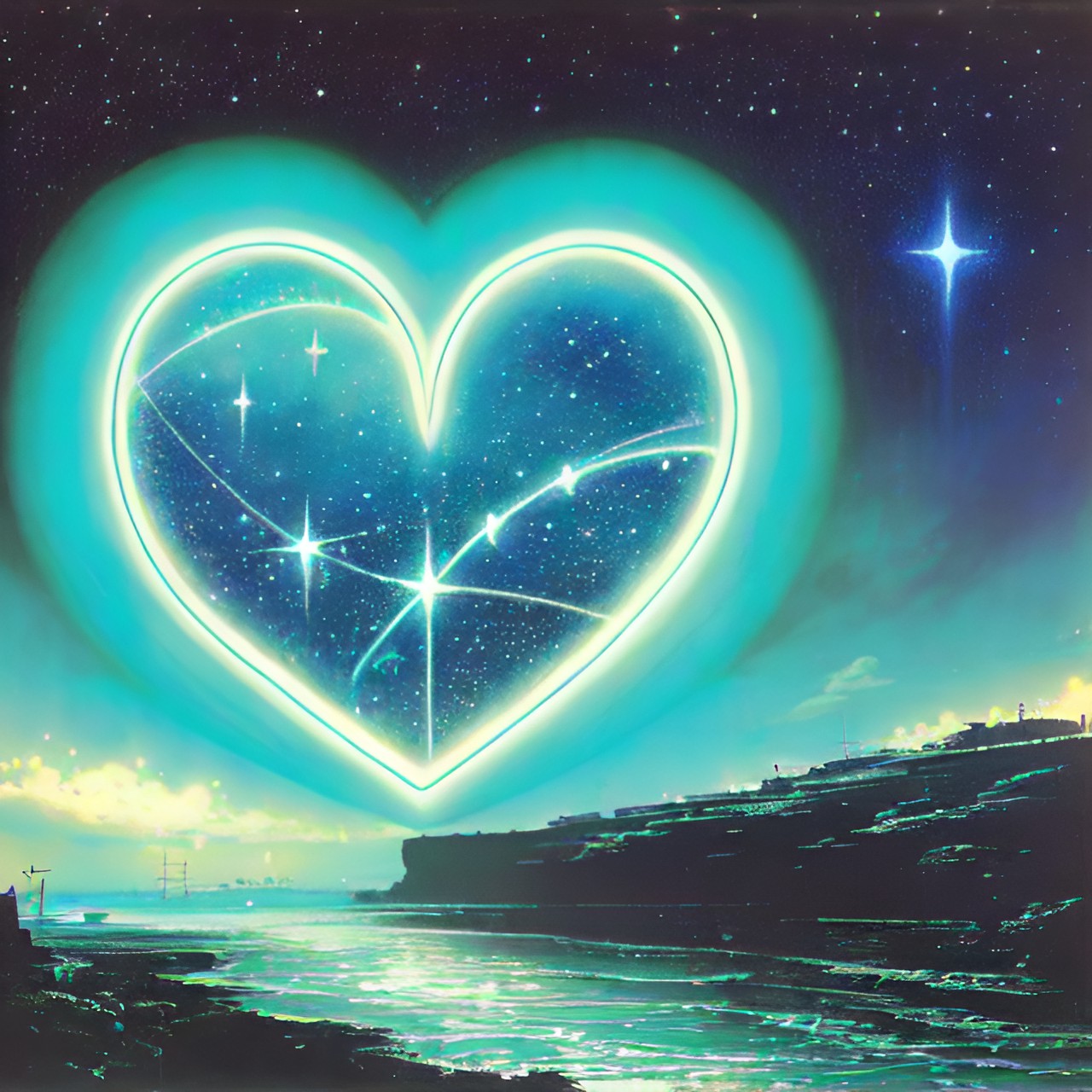 (seafoam green) neon light in the shape of a (heart) with (blue) strings lights and (glowing) stars preview