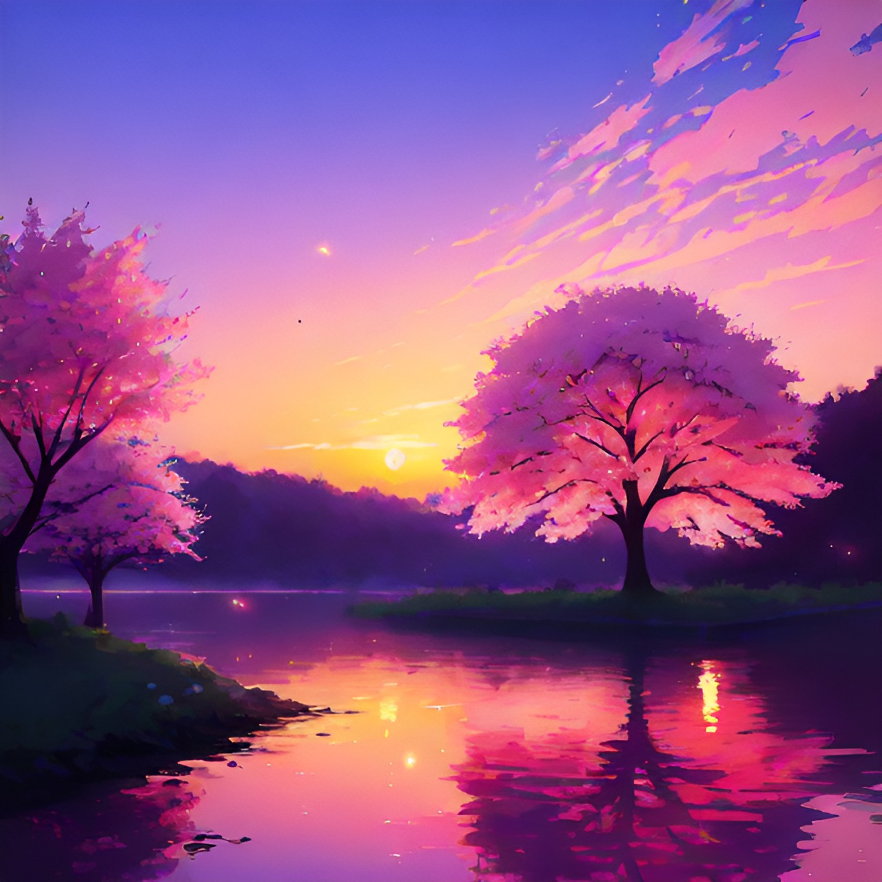 (cherry blossom) tree at sunset with a (pink purple orange) sky and fireflies preview