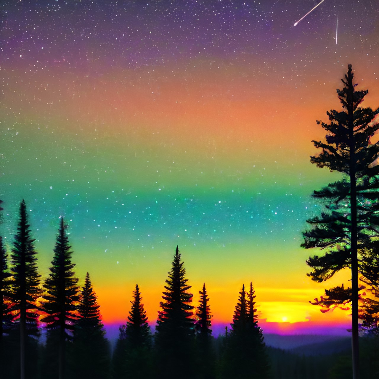 neon (orange) (lavender) (seafoam green) sunset over the horizon of (pine trees) with (stars) preview