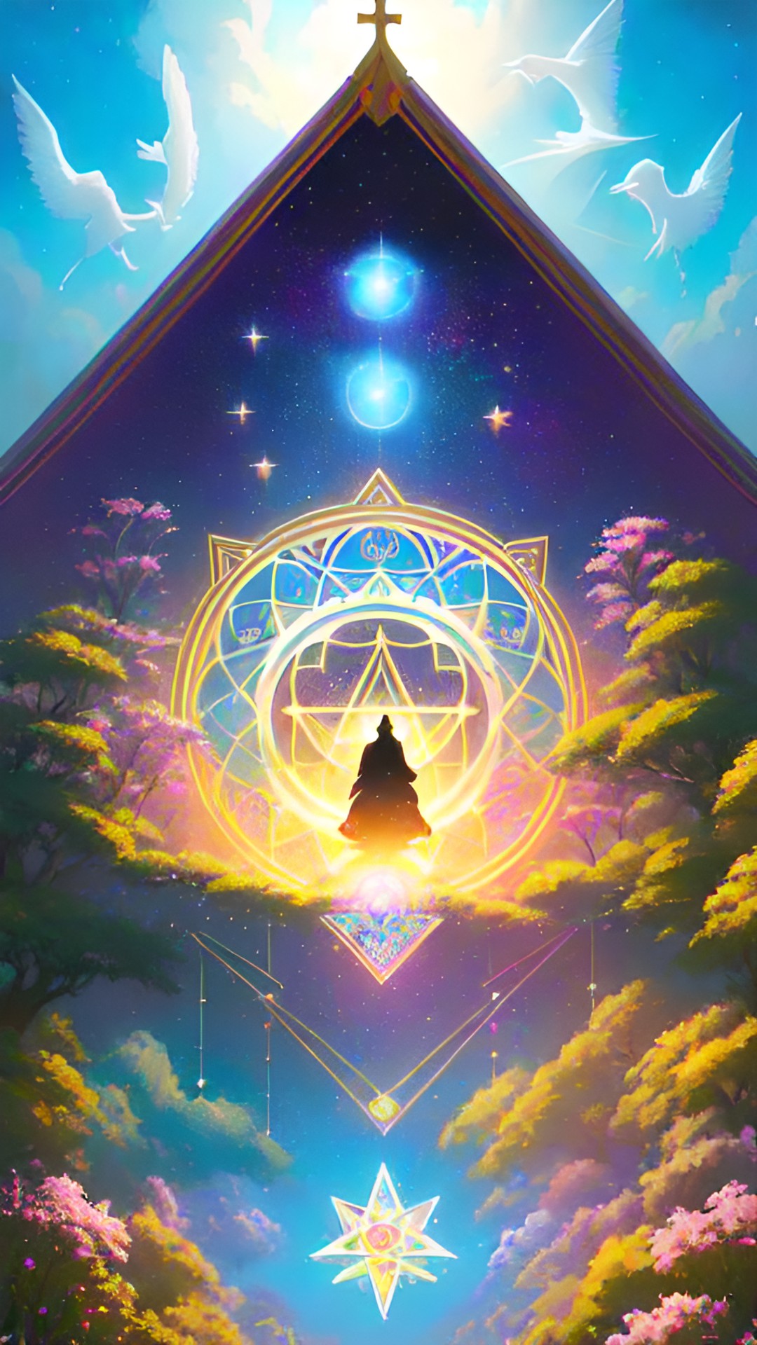 celestial beings exploring a sacred geometric realm, surrounded by symbols of love and divine connection. preview