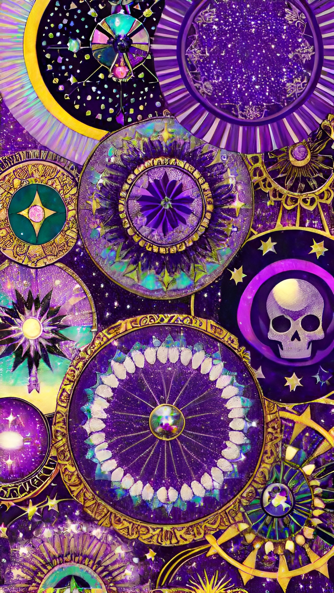 a vintage 1920s collage wallpaper with purple sparkles rainbow whimsical whimsigoth wiccan vibes magical with images of vintage suns moons and stars and skulls preview