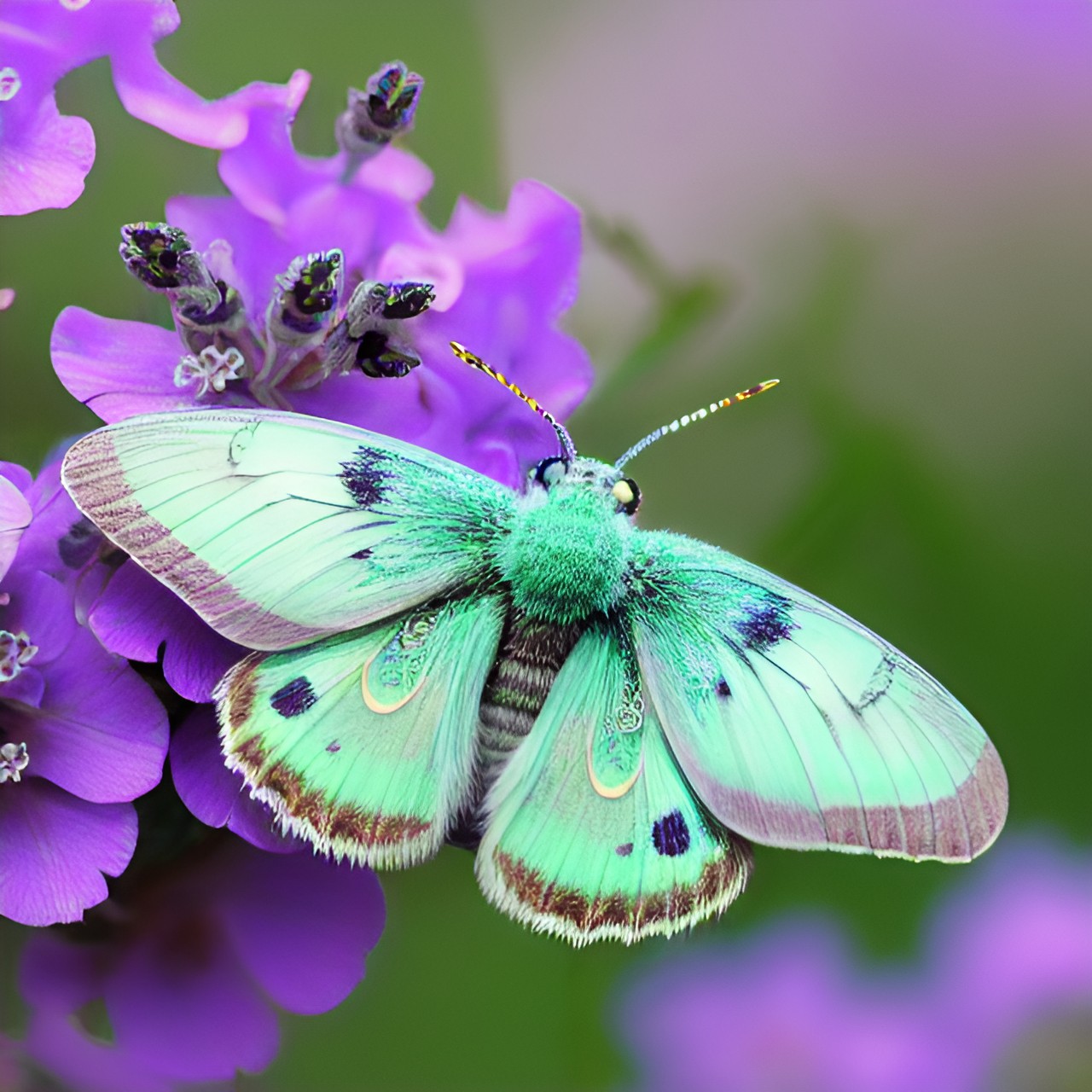 seafoam green moth sitting on a flower vine with lavender flowers preview