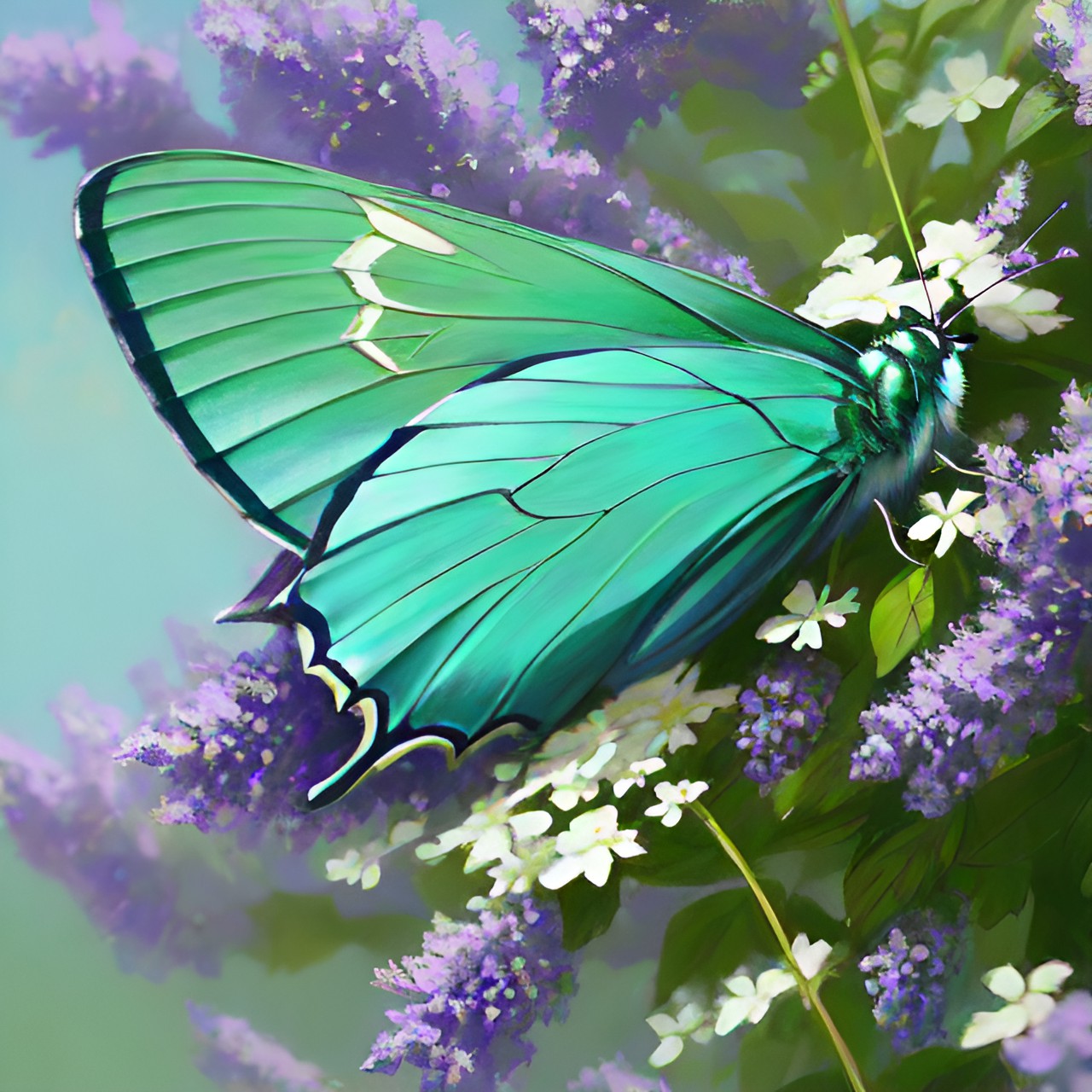 seafoam green moth sitting on a flower vine with lavender flowers preview