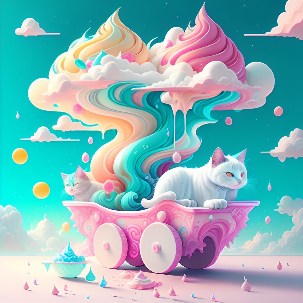 Catting Ice Cream Ca - carting cats made of ice cream - a whimsical scene of delightful carting cats made of creamy, pastel-colored ice cream, playfully chasing each other amidst a backdrop of fluffy cotton candy clouds and preview