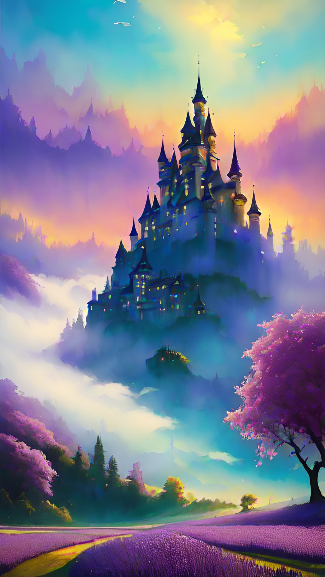 a fairytale castle, swirling mist in gold, teal and purple. twilight. watercolor effect. preview