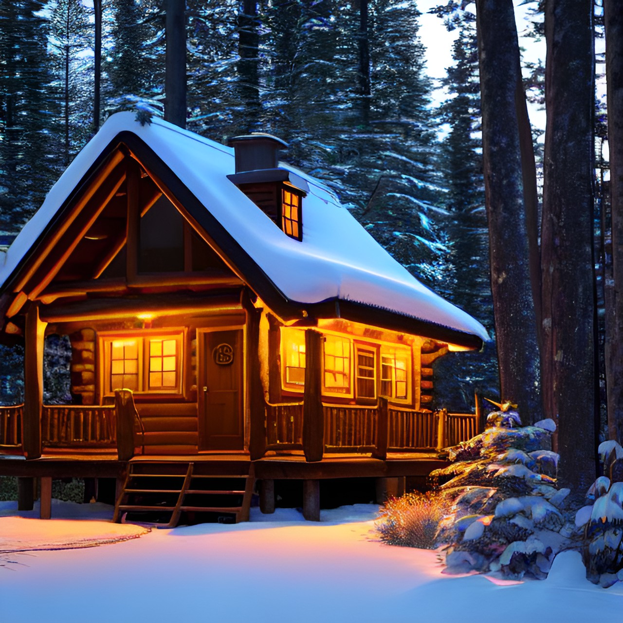 cabin in the forest at twilight with warm glow of lantern light within preview