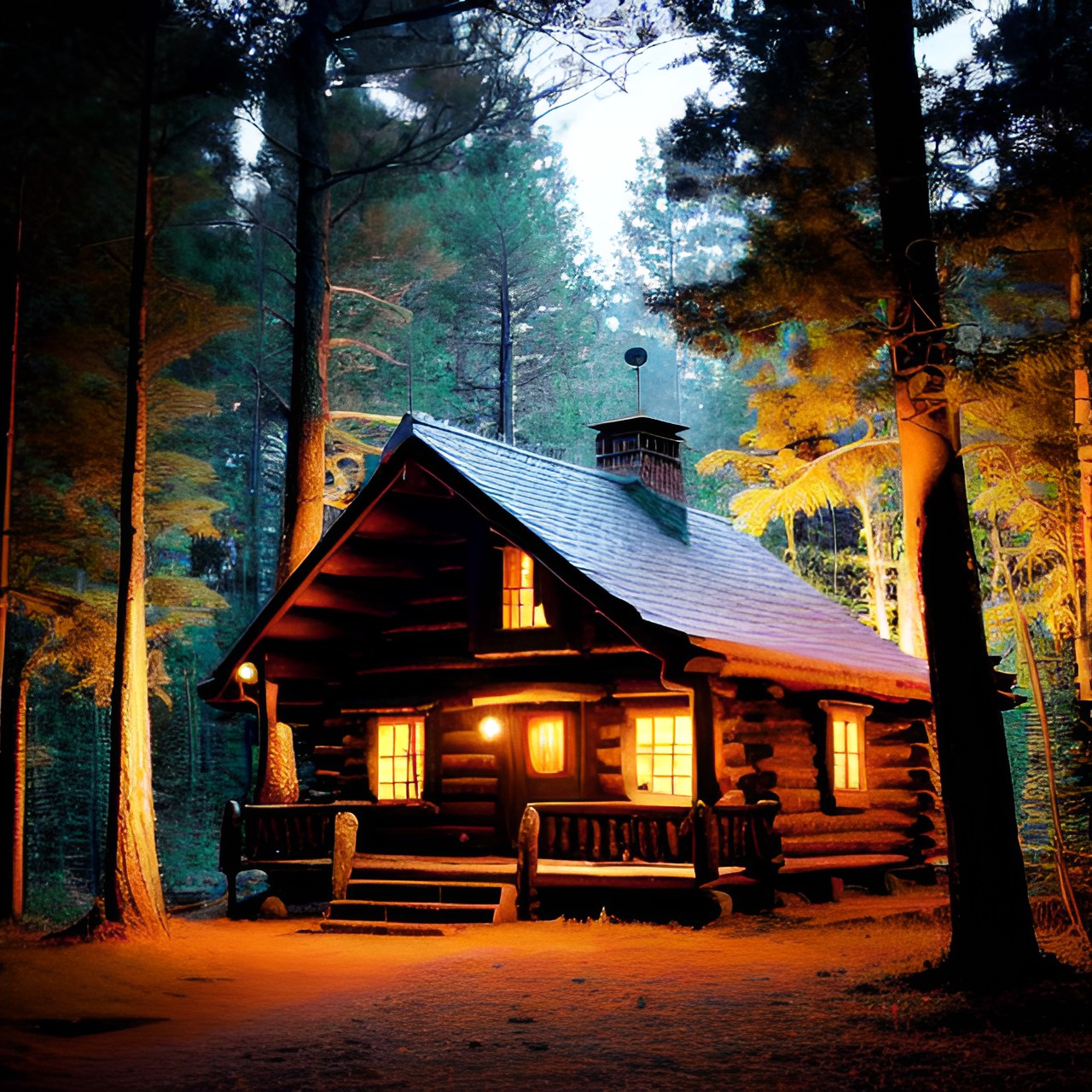 cabin in the forest at twilight with warm glow of lantern light within preview