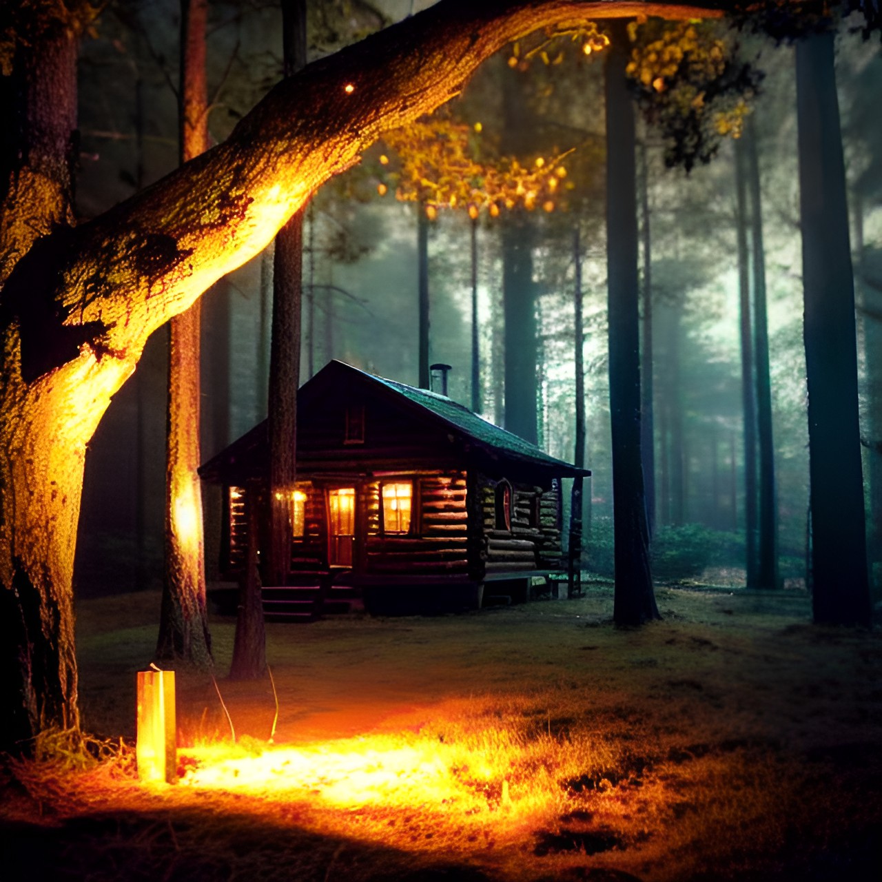 cabin in the forest at night with warm glow of lantern light within preview