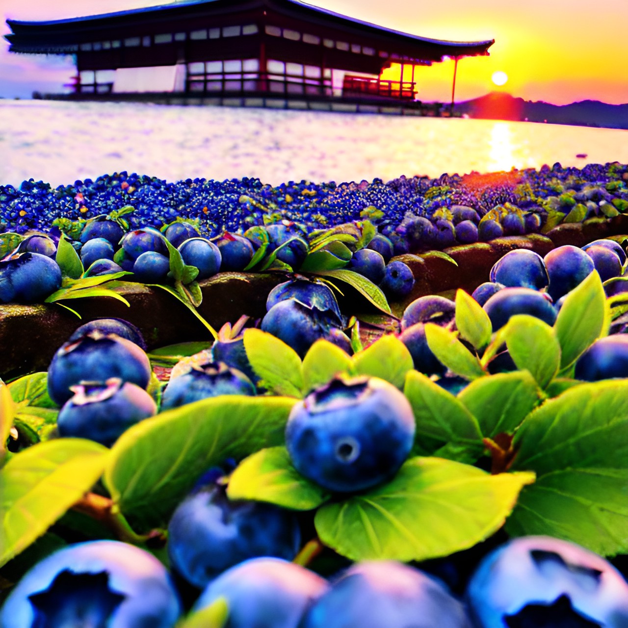 blueberries in front of japan sunset preview