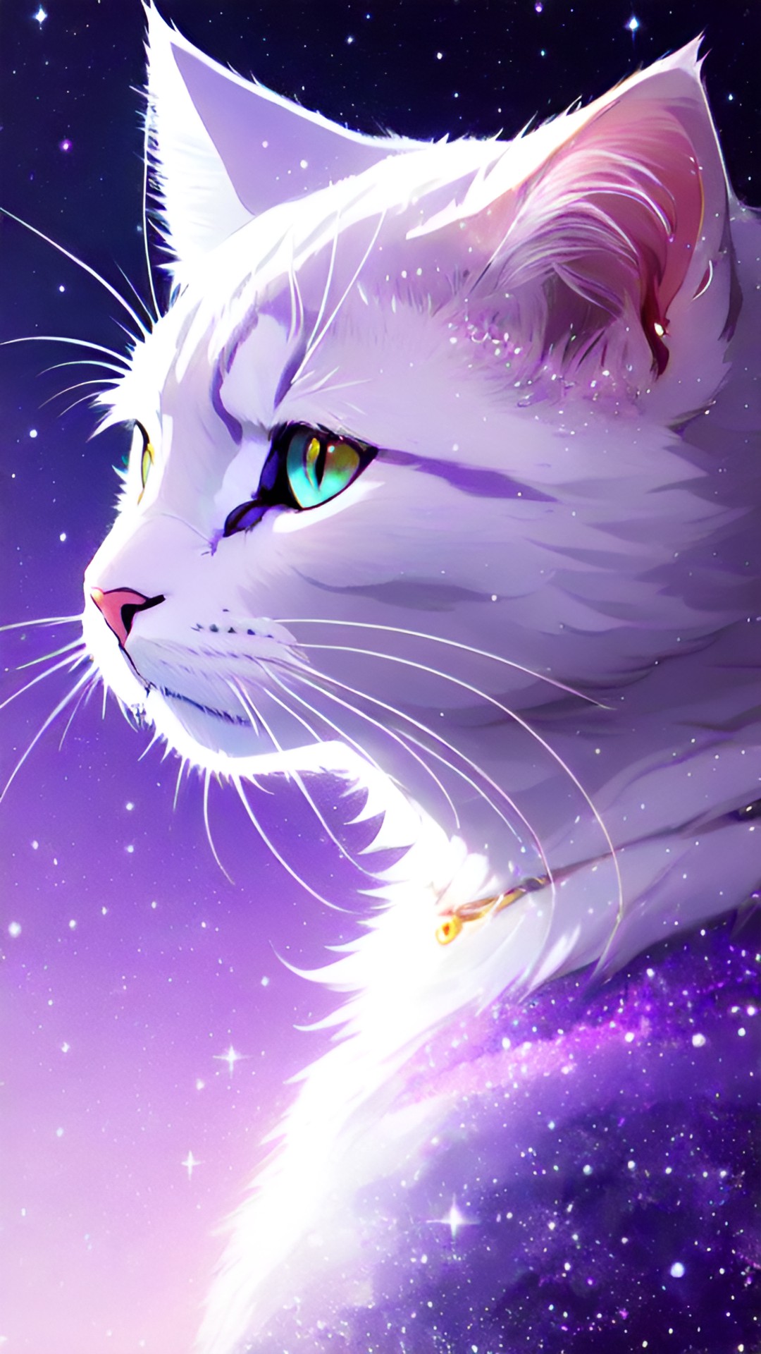 white kitty, close up, light purple background, glitter, magic, cartoon, elegance preview