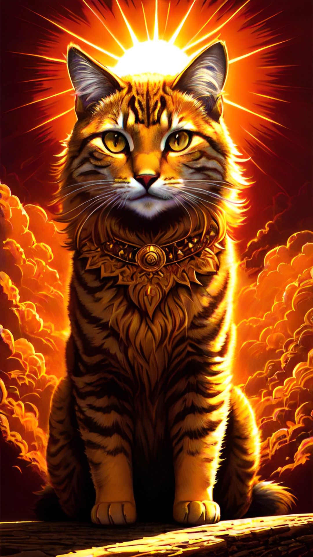 A Sun Trial - a sun cat with golden fur and bright orange eyes. it sits majestically, rays of sunlight casting a warm glow around it. preview