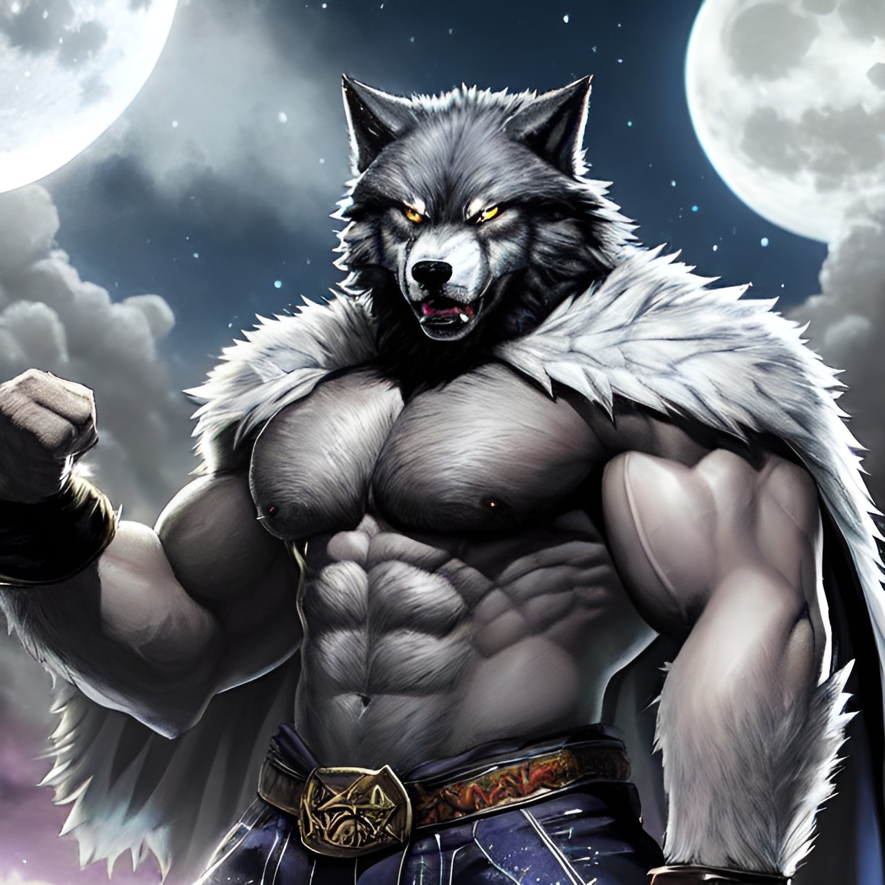 Werewolf wrestler - strong, buff, werewolf, angry wolf, wrestler, shirtless, torn cape, ready for a fight in the moonlight, looking at the viewer preview