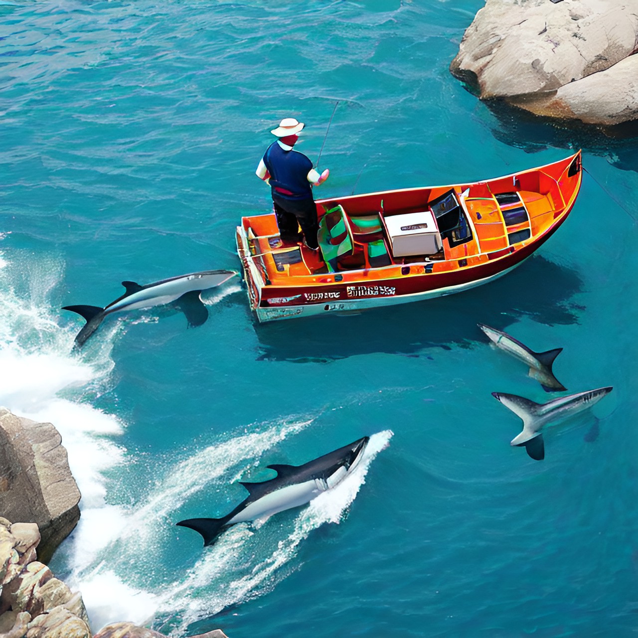 tiburón 4 - two men fishing in a boat in the sea and sharks swimming around the boat preview