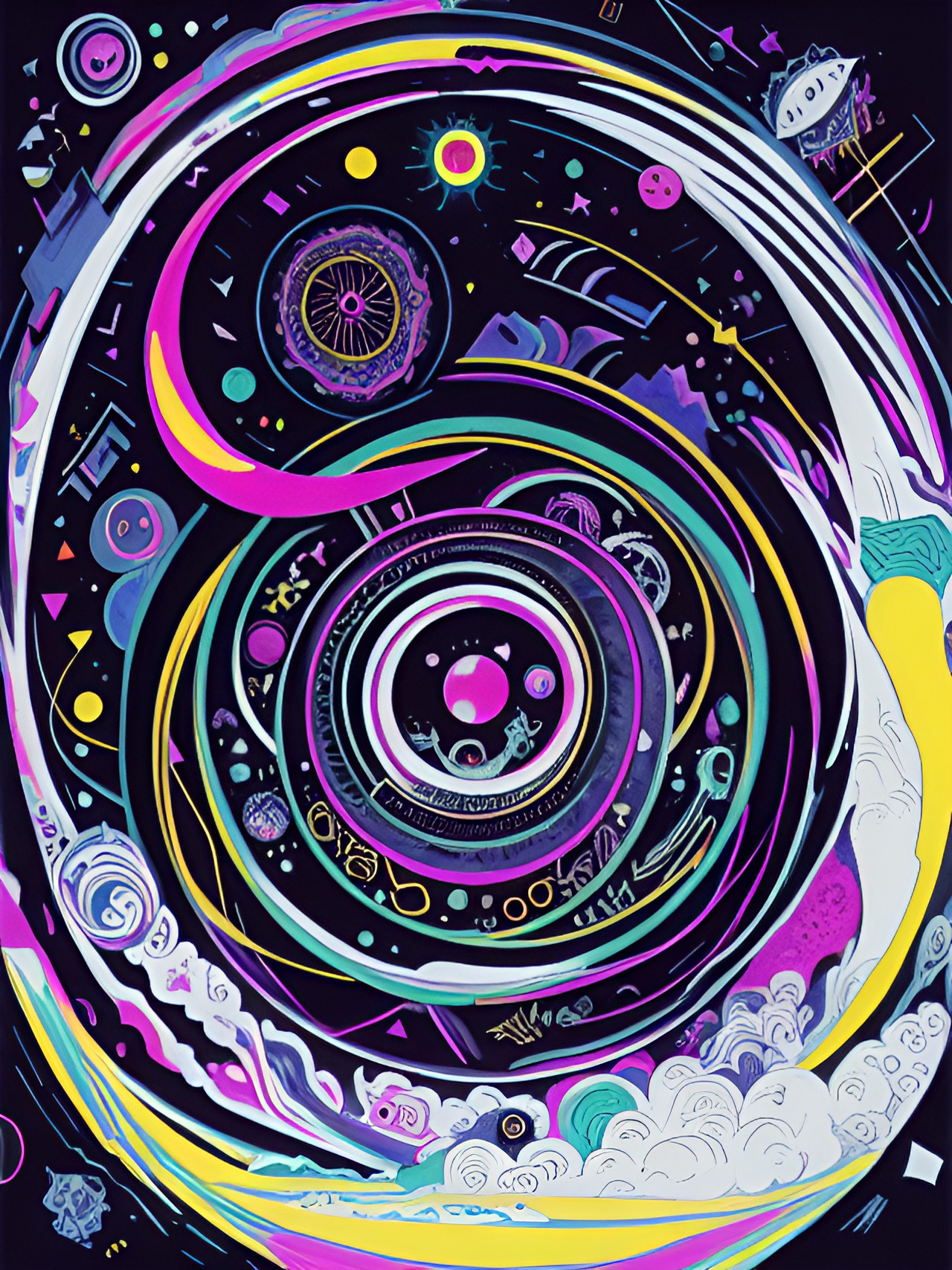 in the terrifying slick inky darkness at the end of space-time.kandinsky’s lovecraftian too-wide-mouth ouroboros consumes itself.uncanny vaporwave.cult patterns&symbols. hateful billowing clouds&neon serrations.patent preview