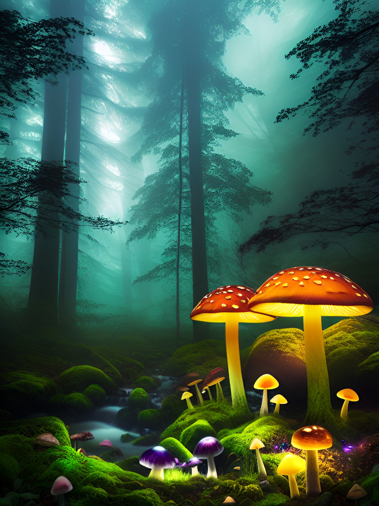 mystical forest with glowing mushrooms and a babbling brook, surrounded by towering trees and shrouded in mist, ethereal, dreamlike, stylized preview