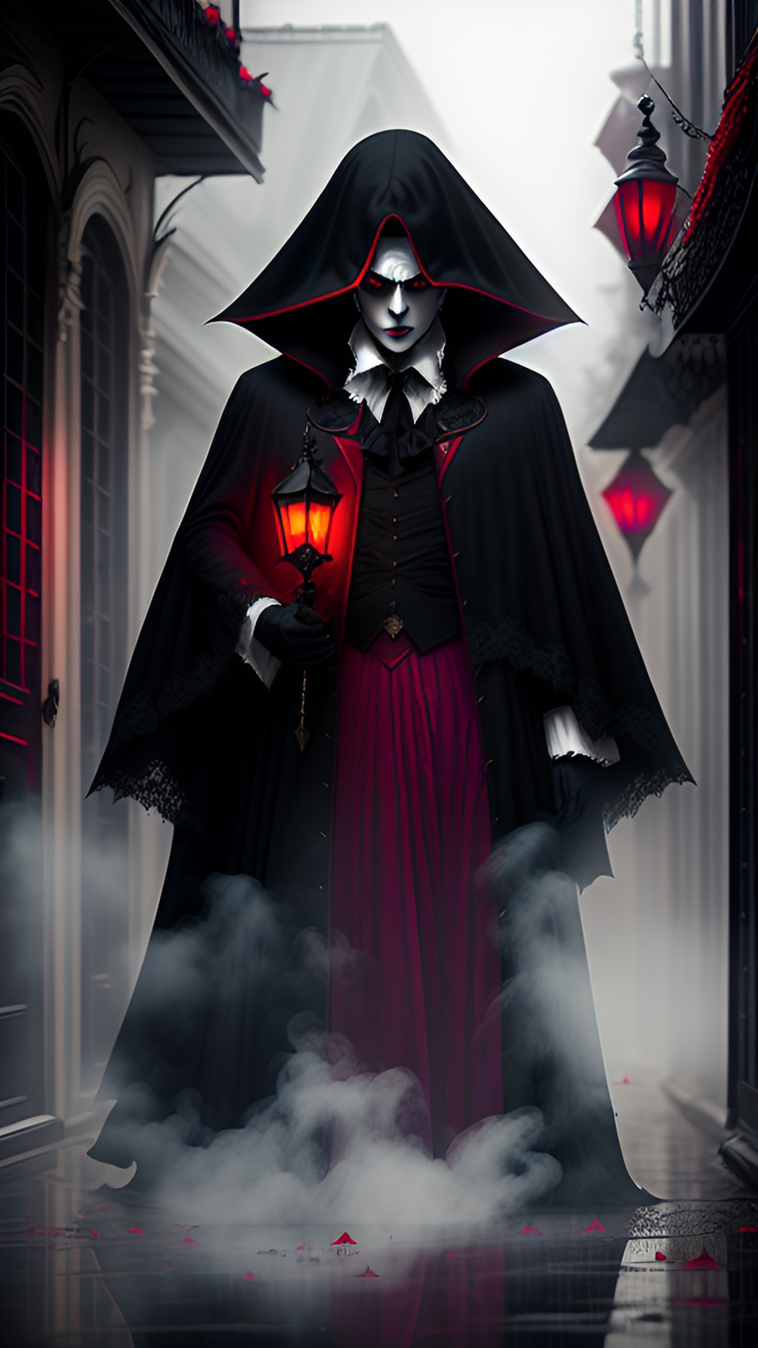 vampire in new orleans - a mysterious vampire with flowing black velvet cape and blood-red eyes, lurking in the french quarter of new orleans, surrounded by a misty atmosphere, haunted mansions preview