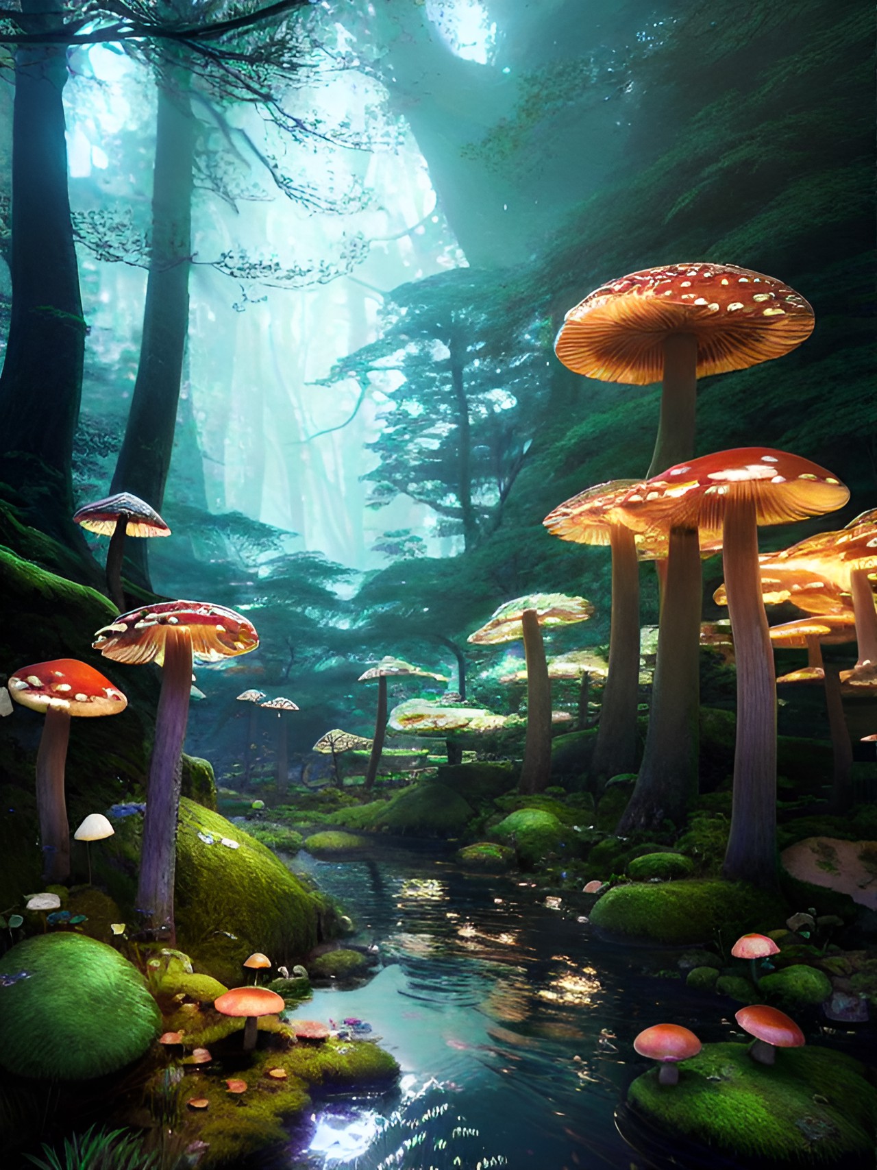 mystical forest with glowing mushrooms and a babbling brook, surrounded by towering trees and shrouded in mist, ethereal, dreamlike, stylized preview