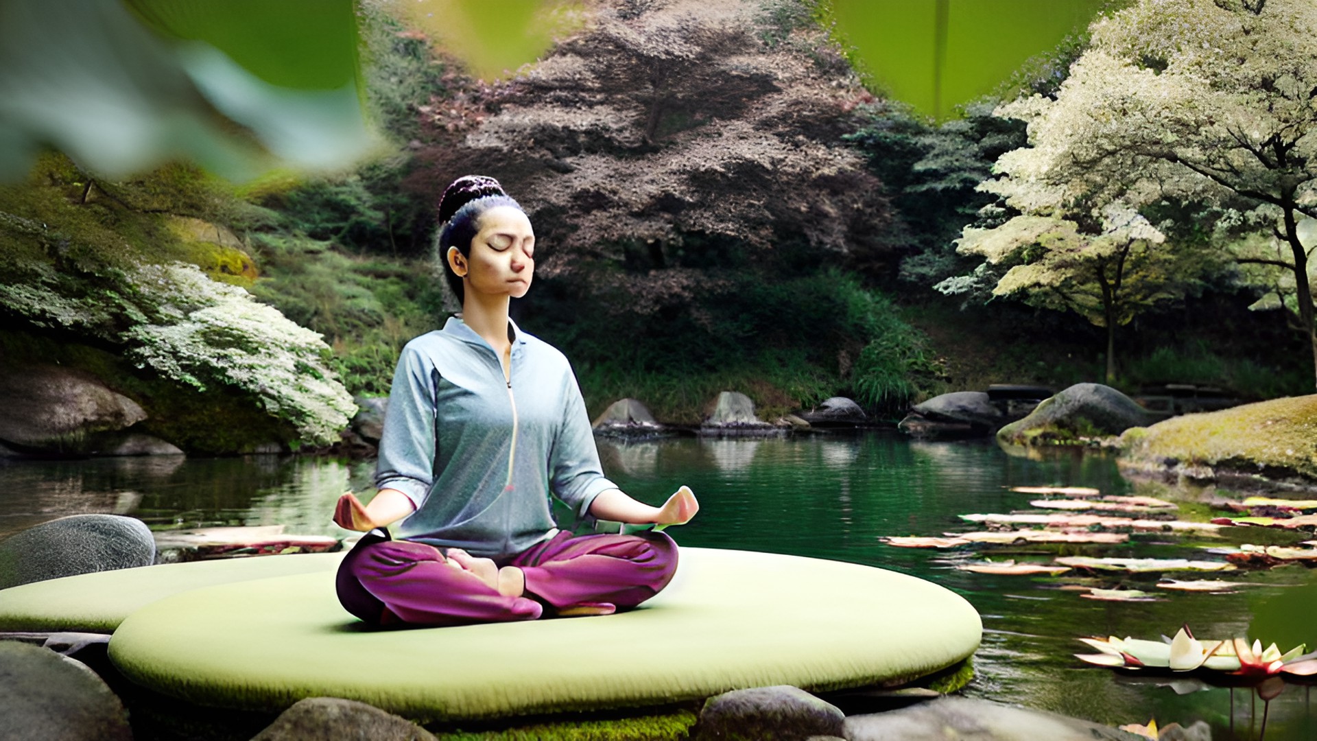 a woman meditates in a lotus position, in sportswear in nature, peace, tranquility, breathing, harmony, realism preview