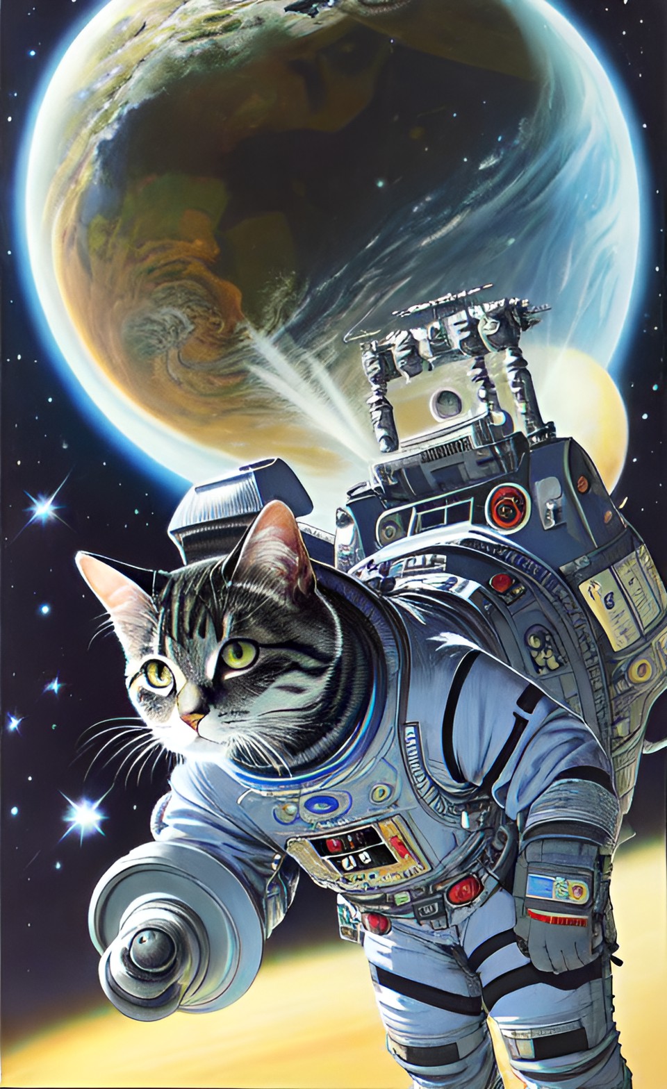 a cute gray tabby cat wearing a spacesuit preview