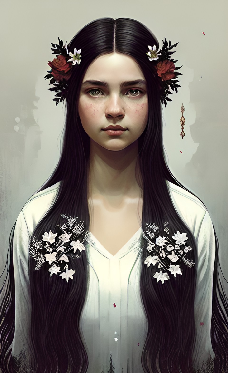 old slavic style. slavic mermaid in a white shirt. without a fish tail. night lake or river. a large wreath with forest flowers on her head and dark very long hair." preview