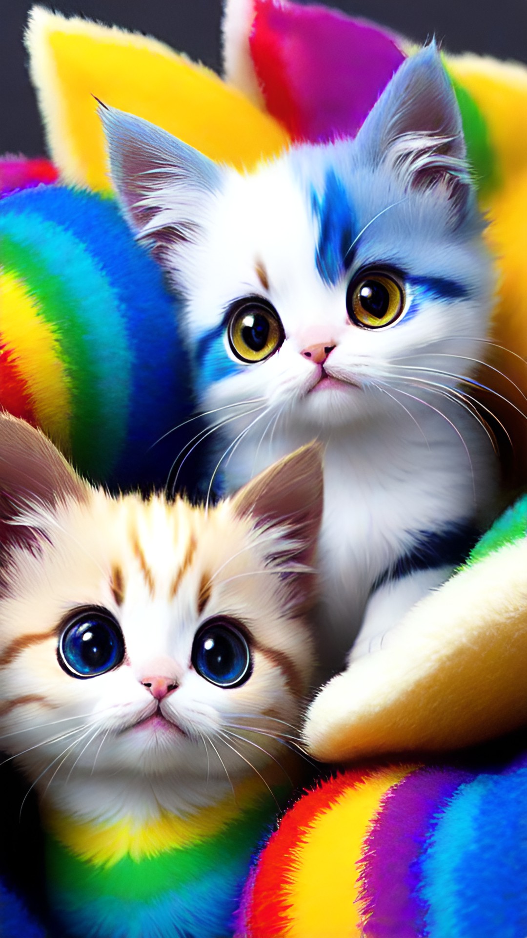 oh really fuzzy rainbow adorable kitten but mostly yellow and white has and has really dark black eyes and adorable i'm soft and fuzzy animated and it's really fast in the whole animated world preview