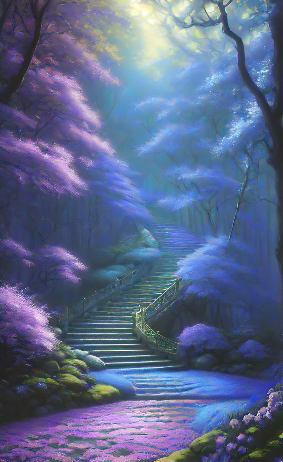 Staircase in an Enchanted Forest - staircase in an enchanted forest, in the style of arthur hughes. luminous nighttime scene. flowery. blue flamelike brushstrokes. blue, purple, teal, yellow. soft gossamer. preview