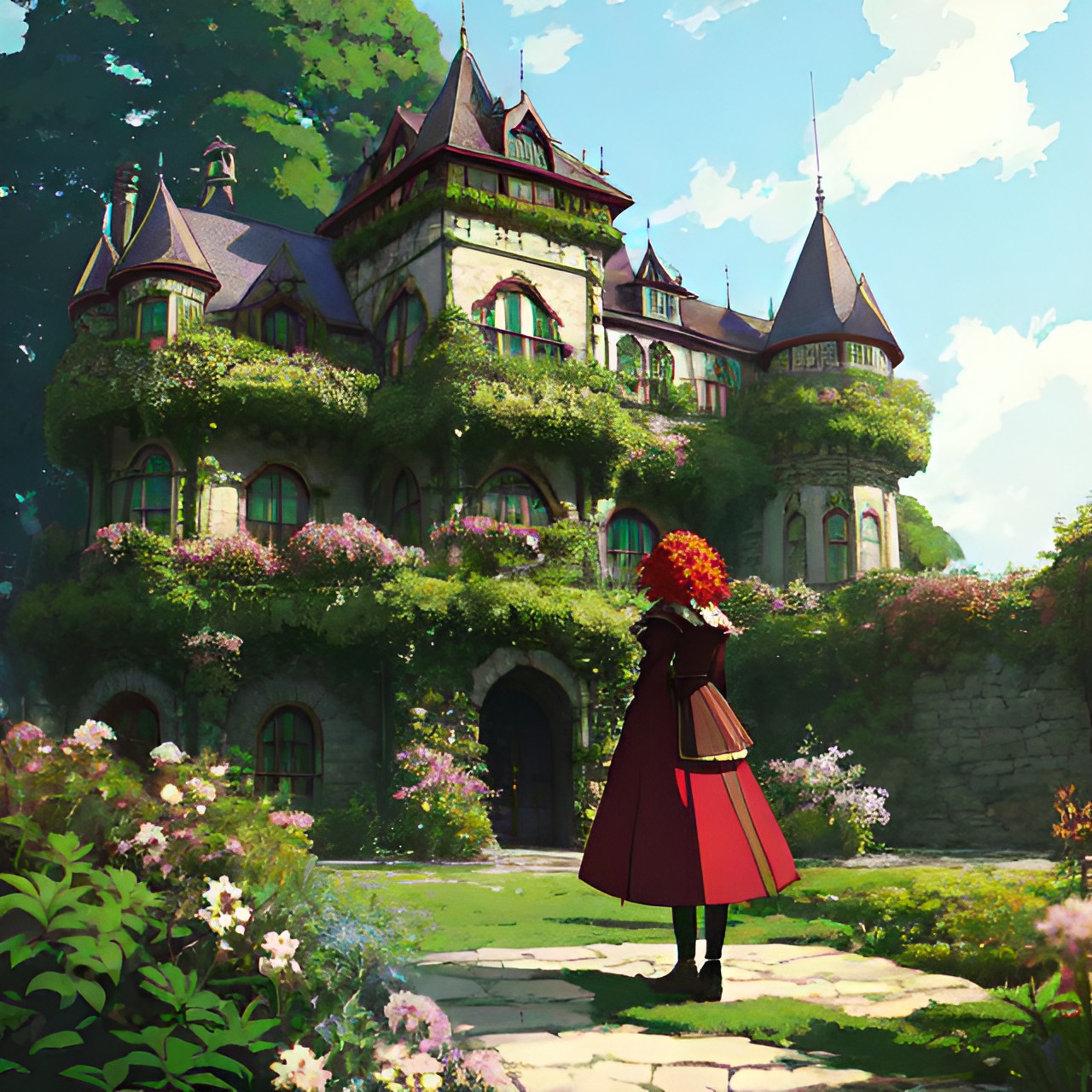 victorian woman with red curly hair and pale green eyes standing in a castle with plants surrounding her preview