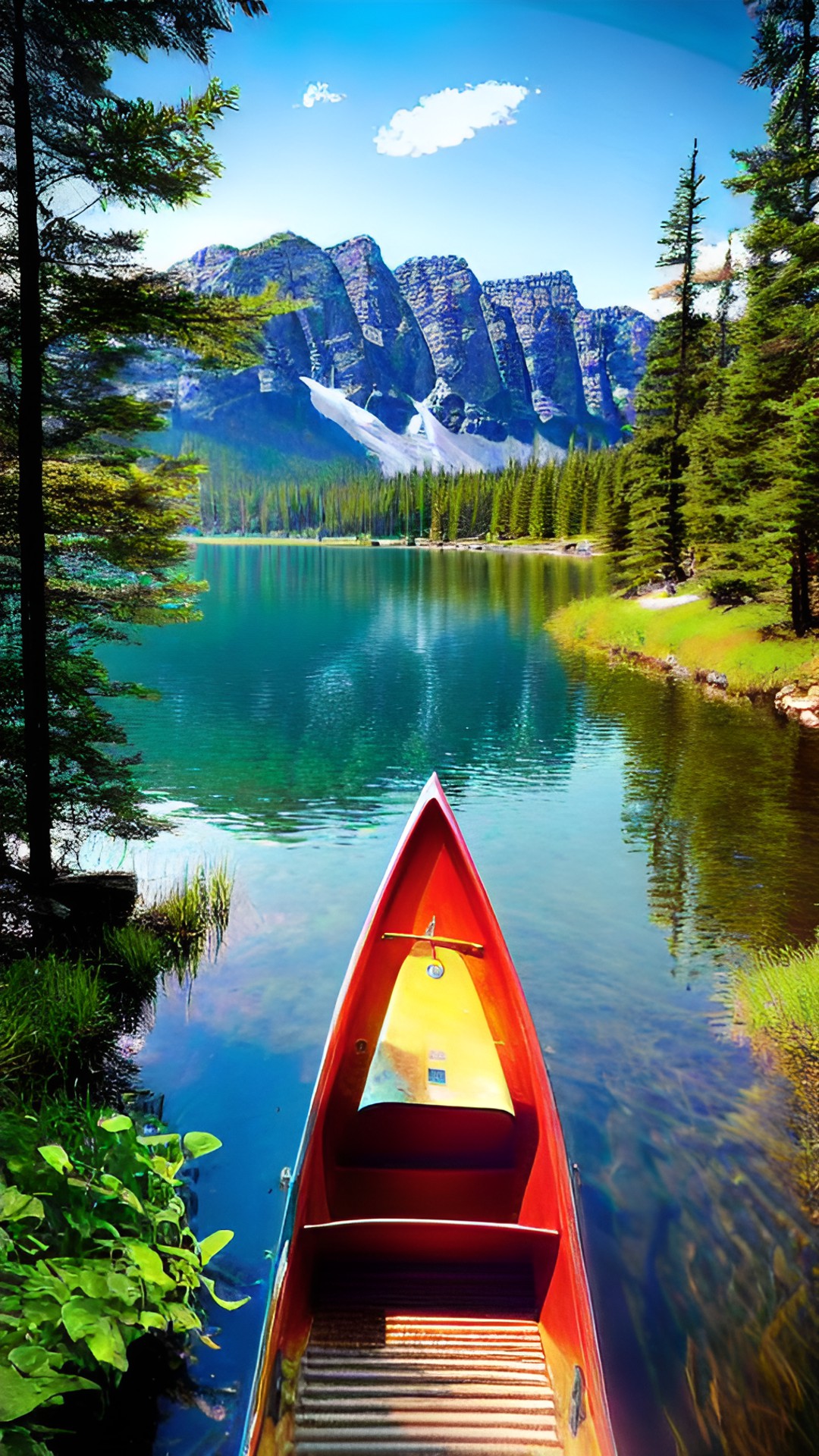 sparkling lake on a summer day, cabin on the shore to the right with canoe preview