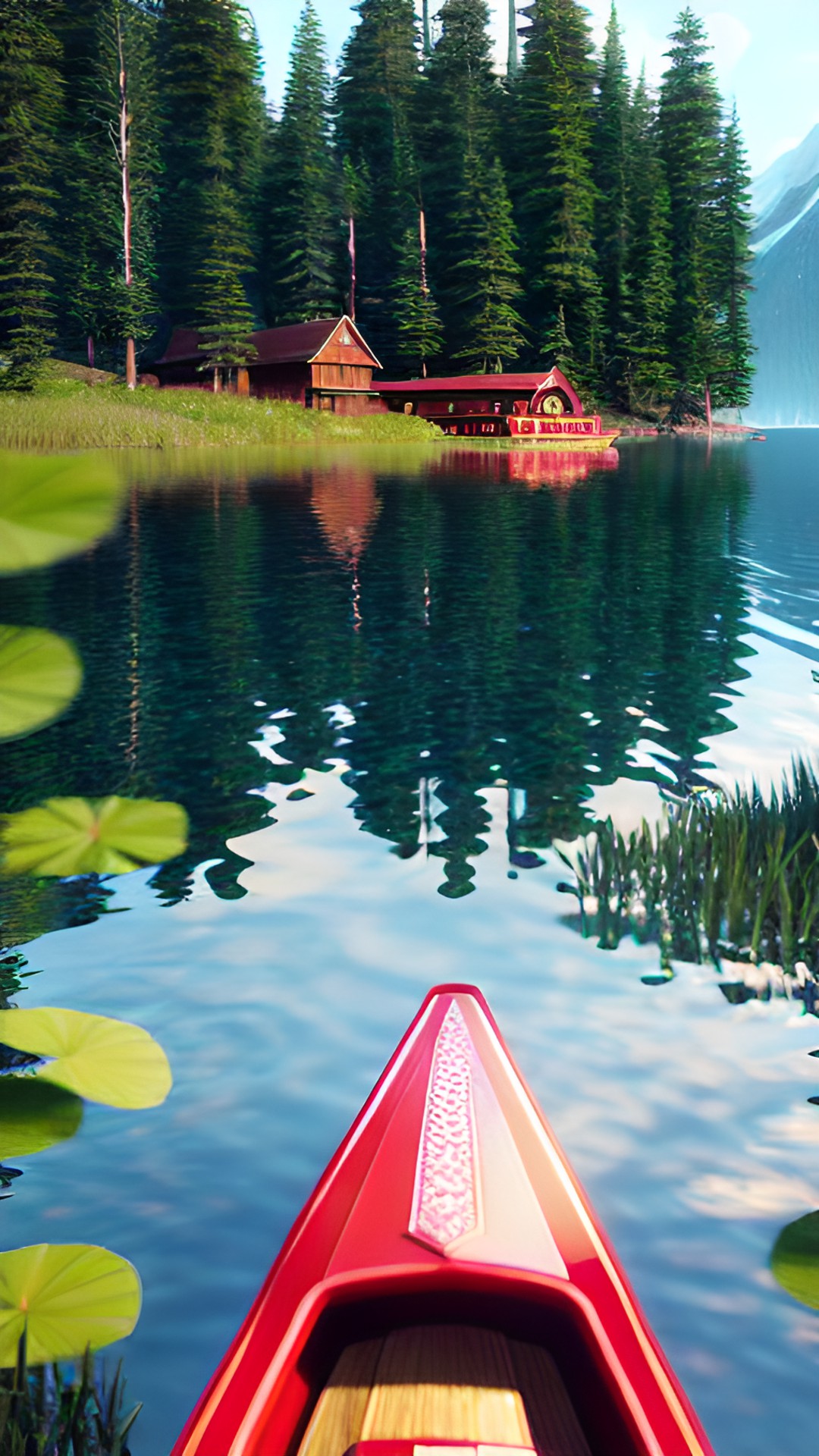 sparkling lake on a summer day, cabin on the shore to the right with canoe preview