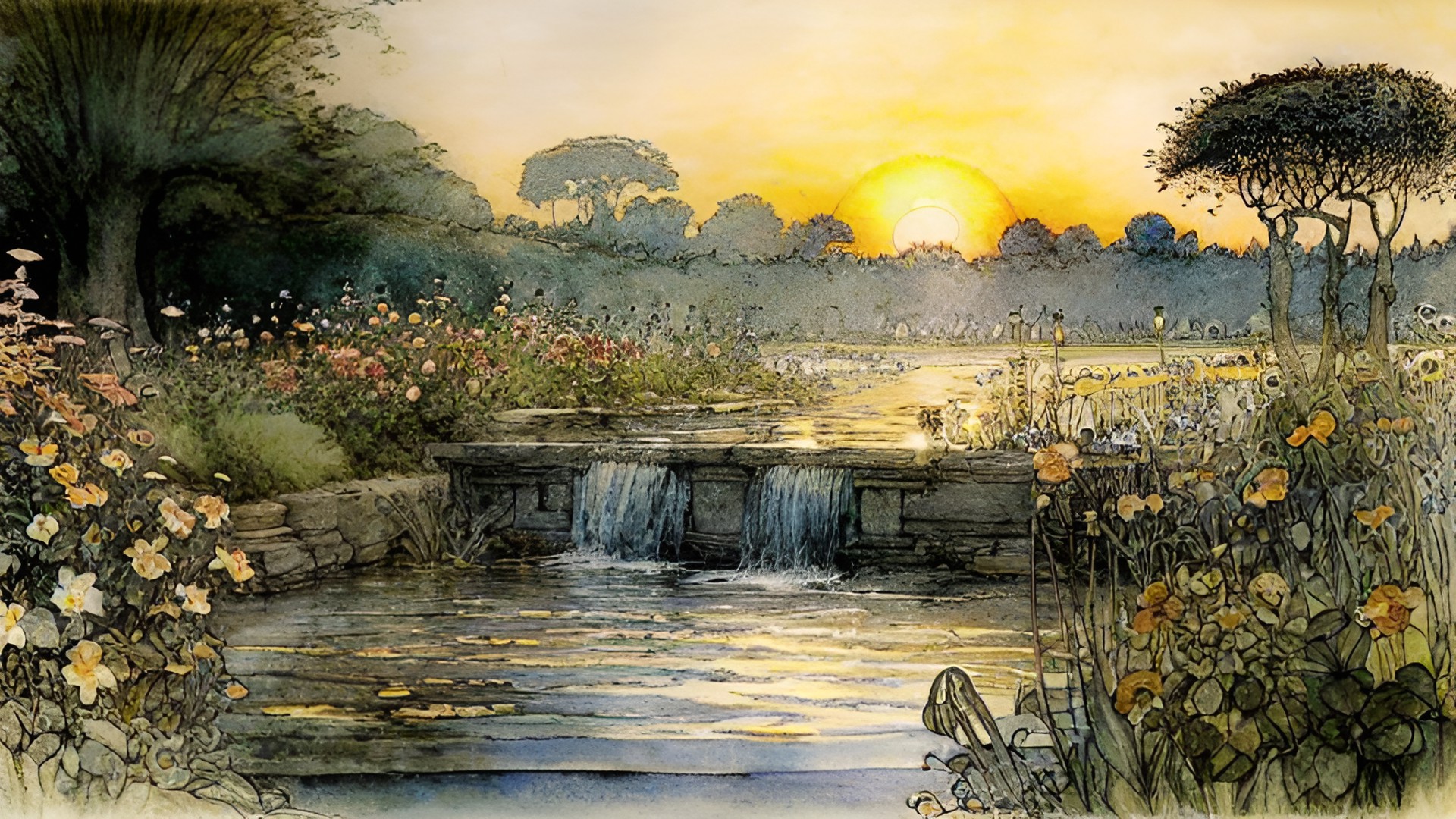 summer sun, flower garden of eden, river and sunset in style of arthur rackham preview