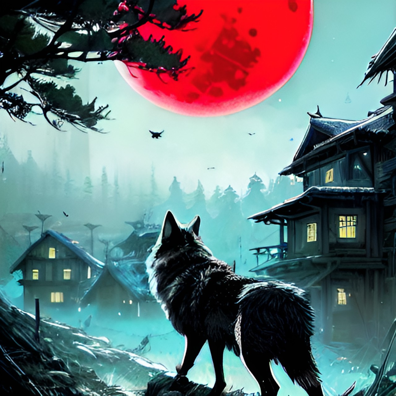 wolves attacking a hidden village in the woods with a res moon in the sky. - wolves attacking a hidden village in the woods under a full moon. the villagers are fleeing in fear as the wolves howl and preview