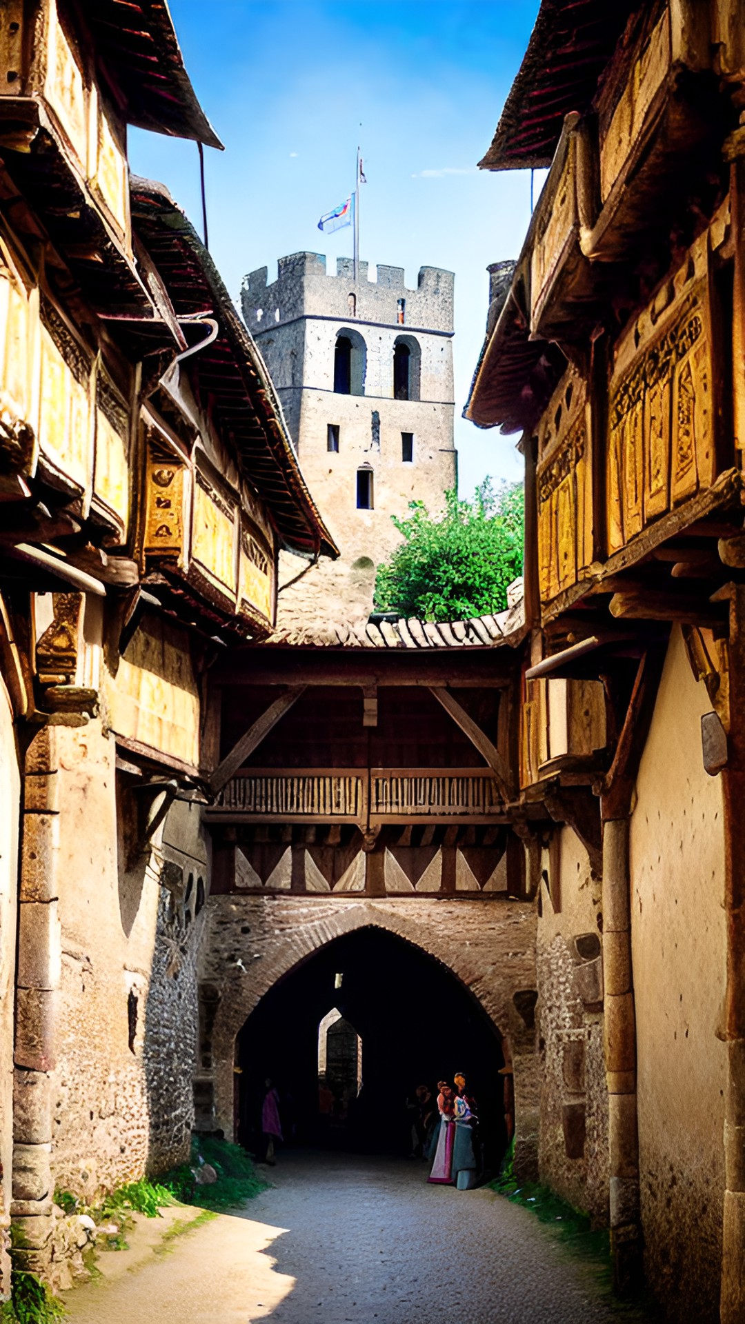 a panoramic of a cramped medieval walled village, wood, bustling, merry, peasant garb on inhabitants, (with a huge golden bell over the entry gates), moat, bell decorations, ((bell carvings)), bell motif preview