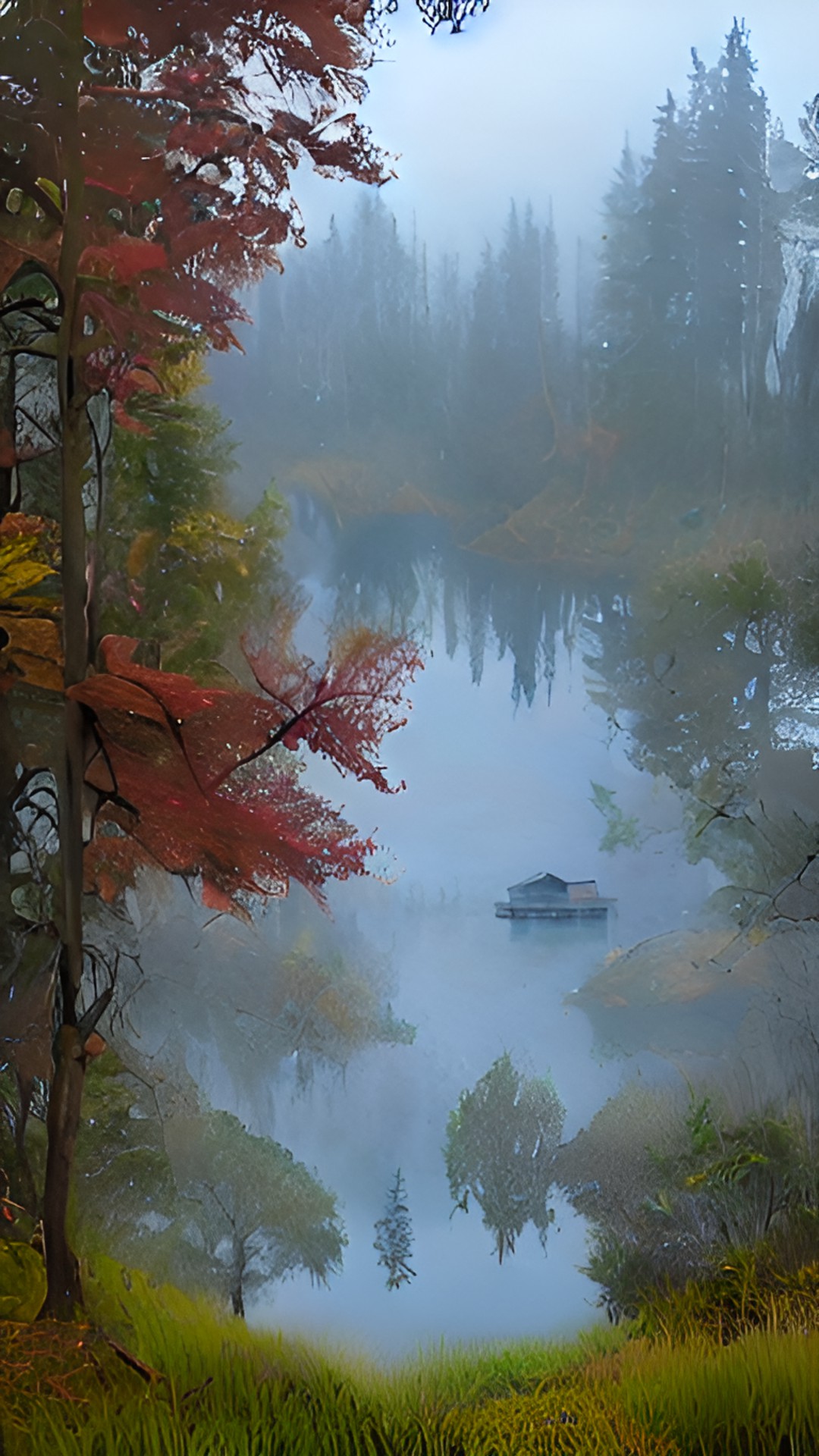 Loch Dee - a lake in the highlands. foggy day. small forest on the shore of the lake preview